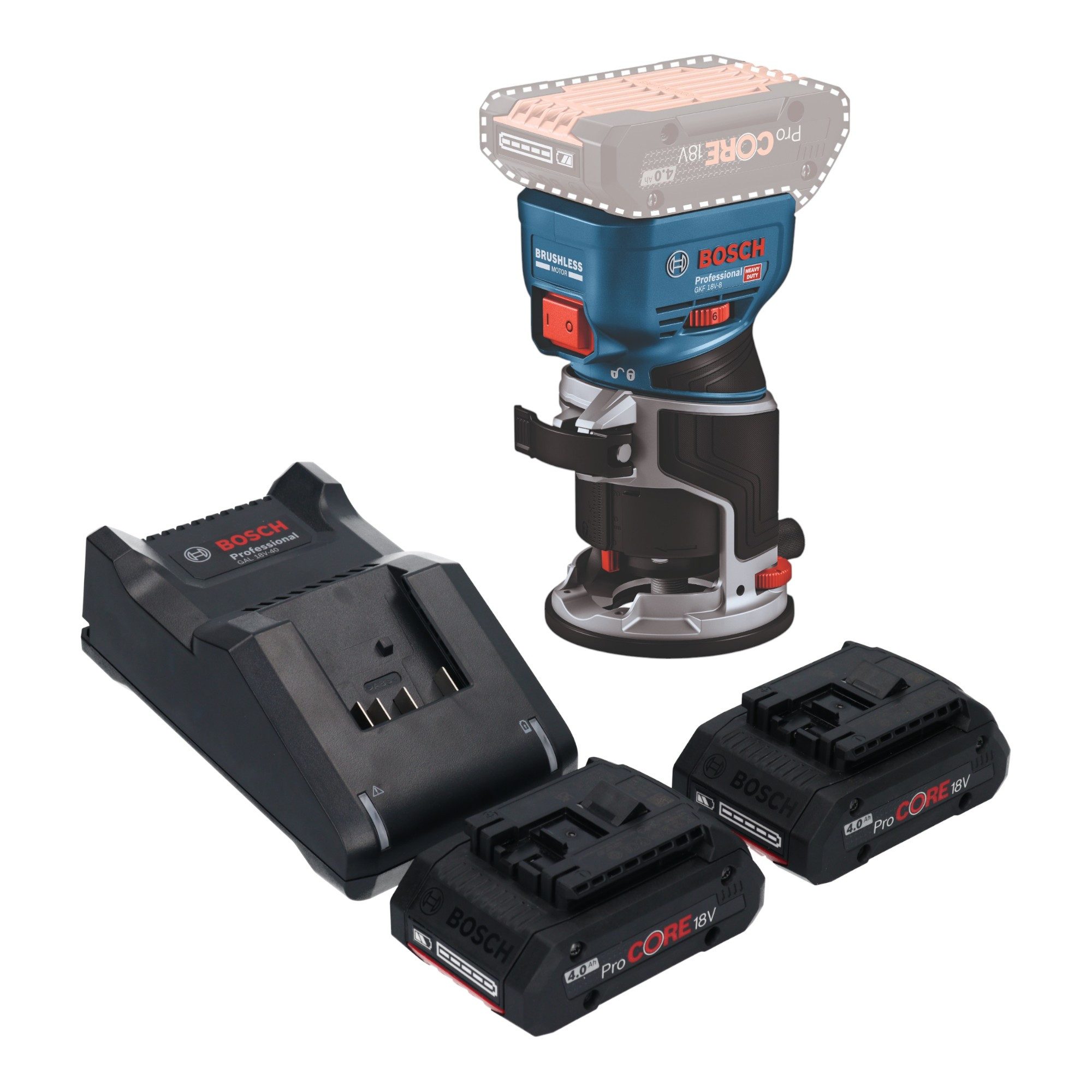 Bosch Professional Oberfräse GKF 18V-8 Professional 18 V + 2x ProCORE Akku 4,0 Ah + Ladegerät
