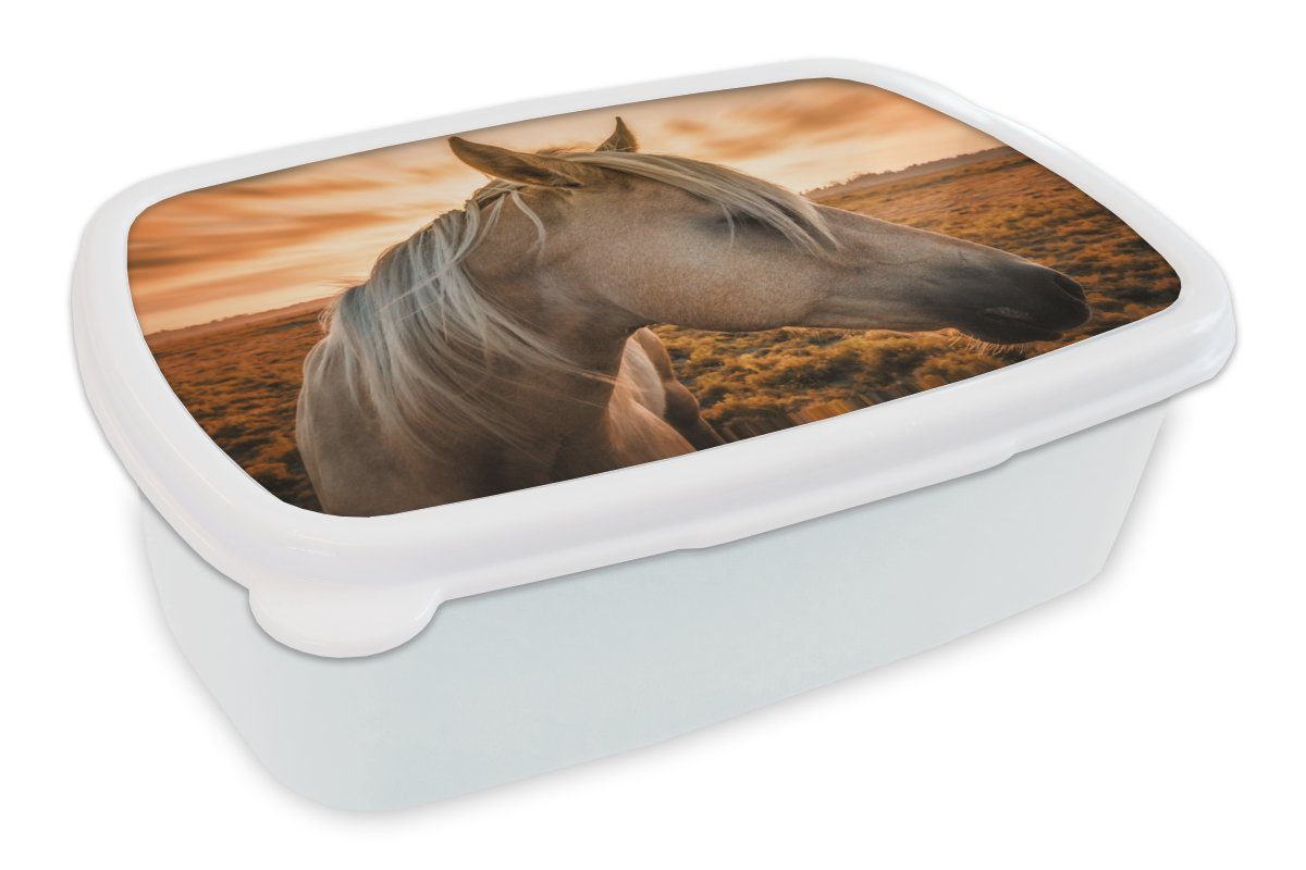 MuchoWow Lunchbox Pferd - Tiere - Porträt, Kunststoff, (2-tlg), Brotbox für Kinder und Erwachsene, Brotdose, für Jungs und Mädchen weiß