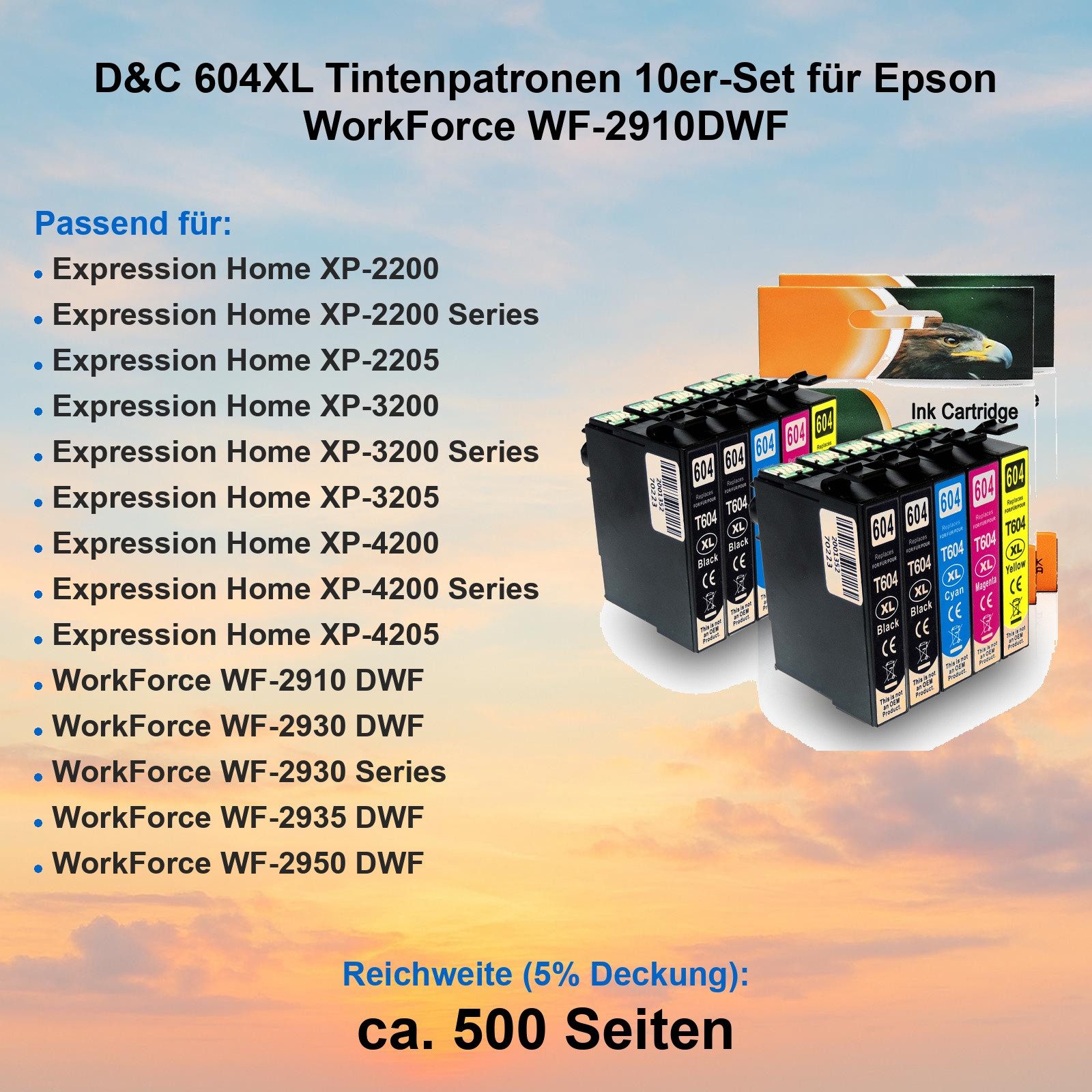 D&C D&C 604XL Tintenpatronen 10er-Set für Epson WorkForce WF-2910DWF Tintenpatrone