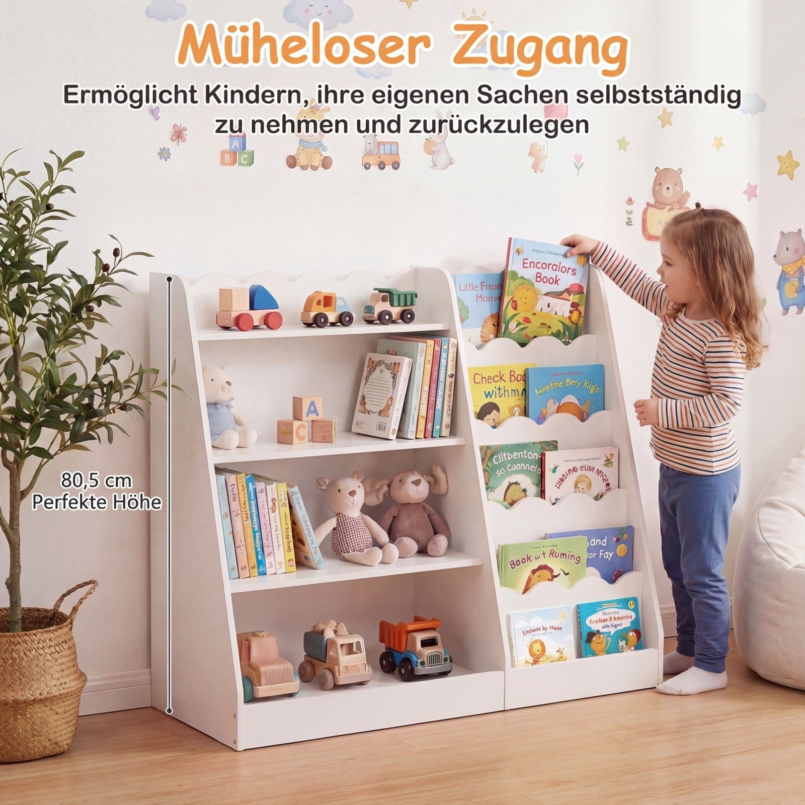 COSTWAY Kinderregal, 5 stufiges, mit 4 offenen Ablagen & verstecktem Ablagefach