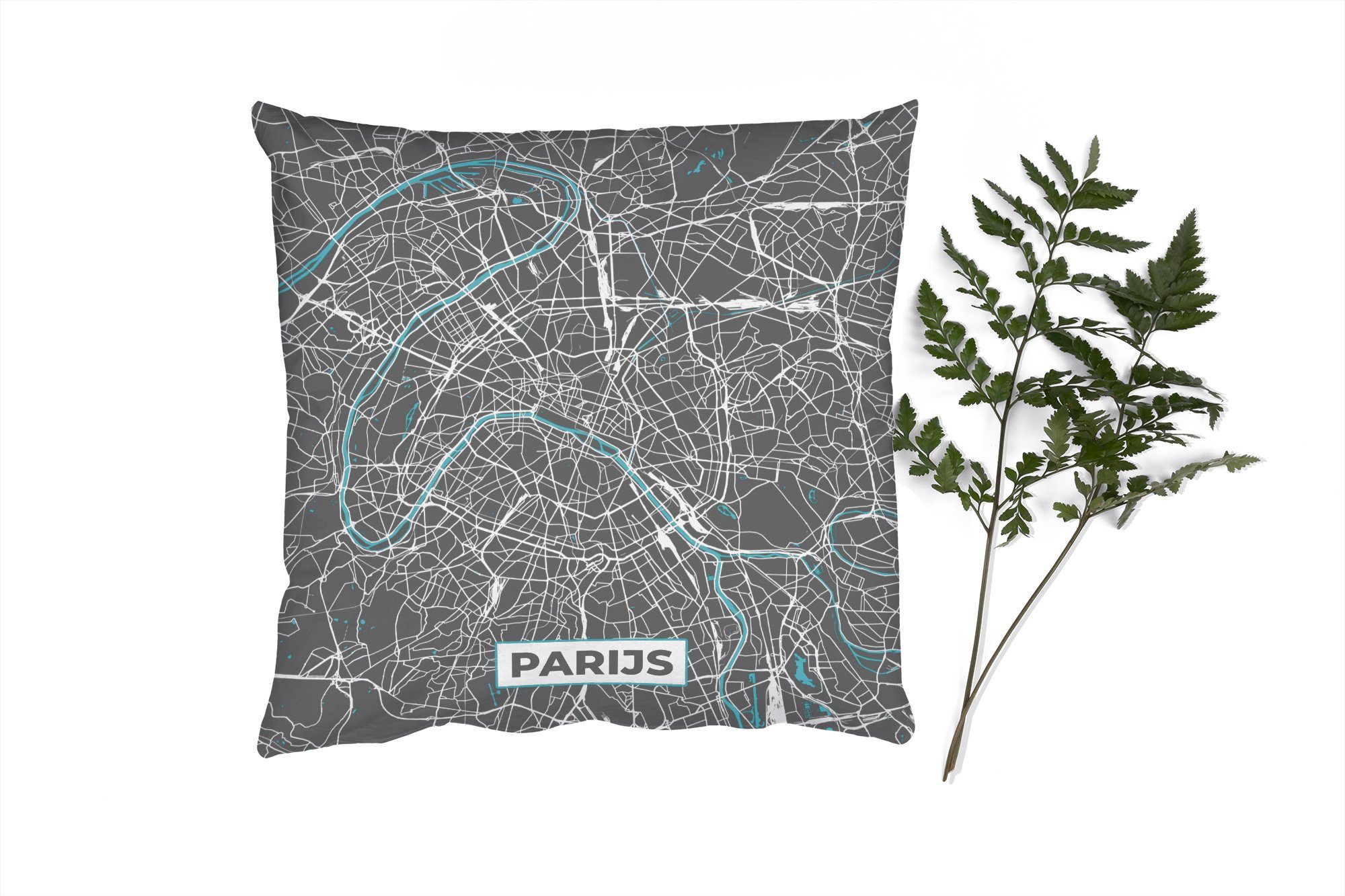 MuchoWow Dekokissen Paris - Stadtplan - Blau - Karte, Zierkissen mit Füllung für Wohzimmer, Schlafzimmer, Deko, Sofakissen | Dekokissen