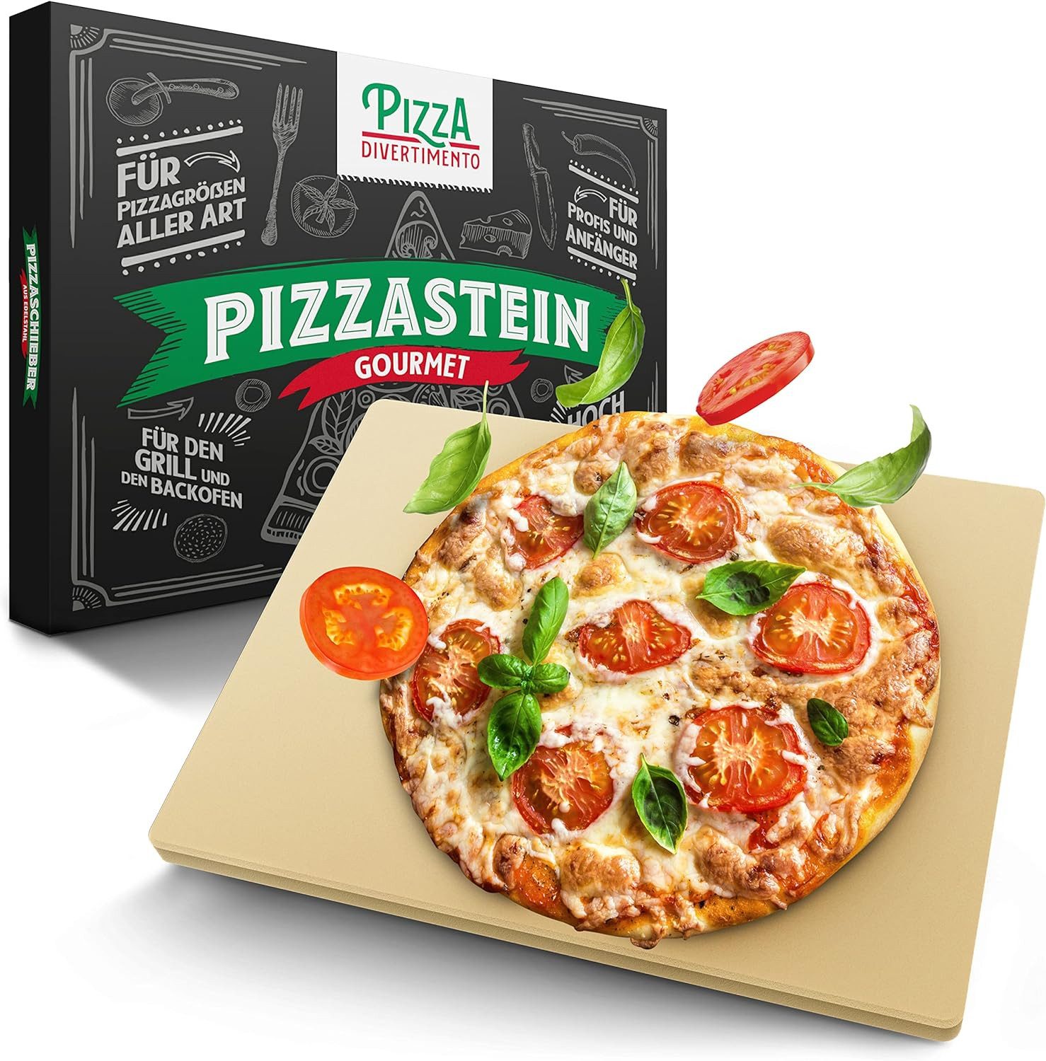 Pizza Divertimento Pizzastein Einzeln oder als Set - Für Backofen & Grill, (Cordierit-Stein - Optional mit Pizzaschieber, Schneider & Rezept-E-Book), Bis 900 Grad Celsius