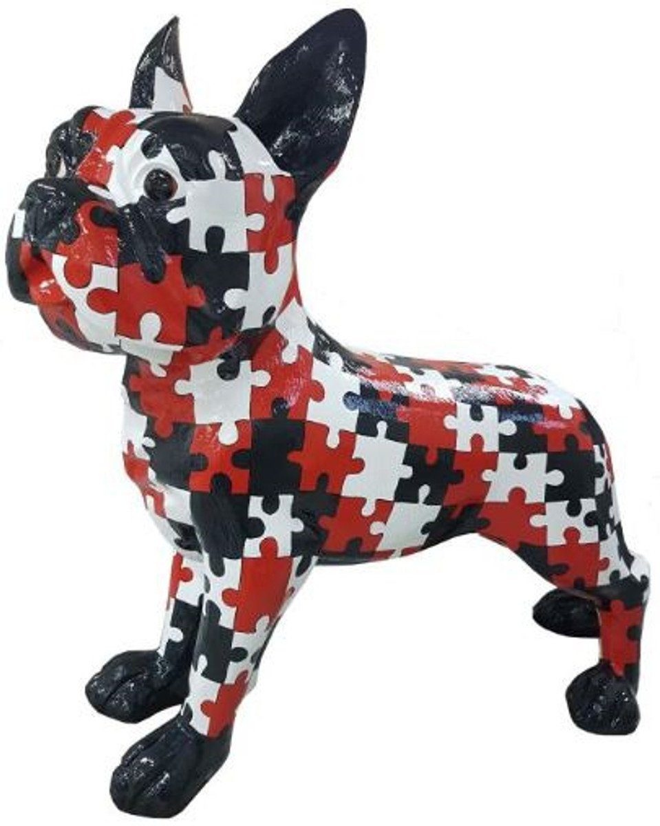 Casa Padrino Skulptur Designer Deko Hund Bulldogge mit Puzzle Design Schwarz / Weiß / Rot 190 x H. 178 cm - Riesige Dekofigur - Gartendeko Skulptur - Wetterbeständige Gartenfigur