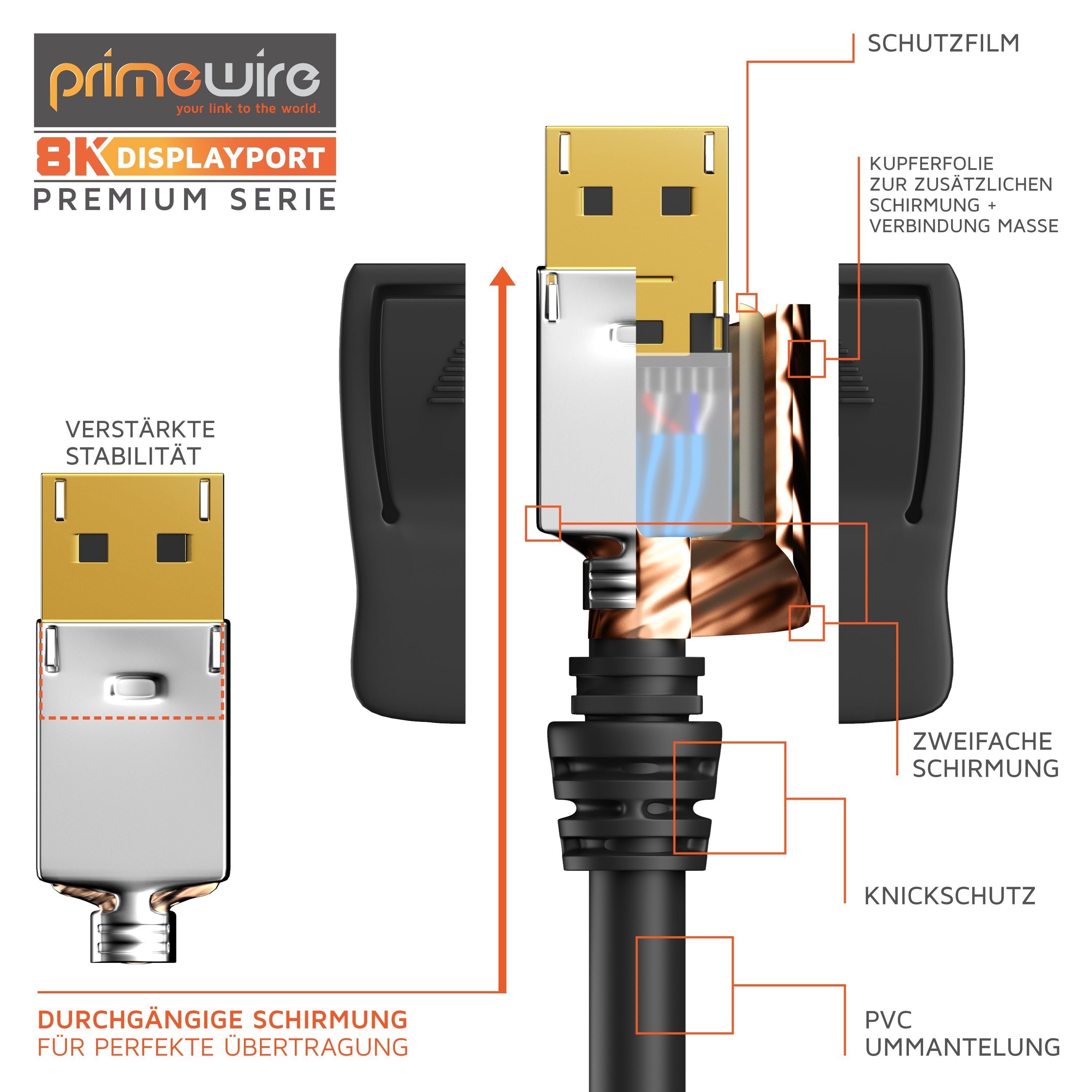 Primewire Audio- & Video-Kabel, DisplayPort, DP 2.0 (50 cm), Monitorkabel 8K 7680 x 4320 @ 60Hz, 4K 3840 x 2160 @ 120Hz, DSC, 0,5m