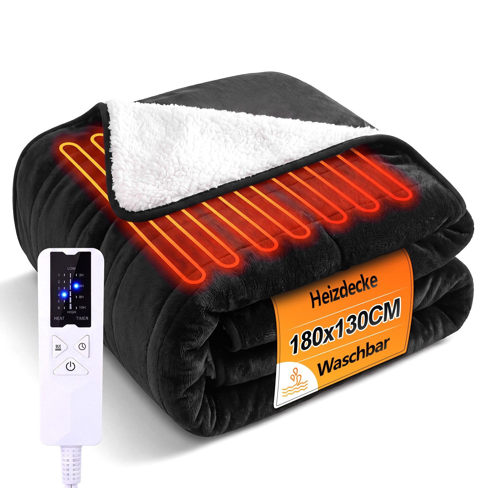 Ledklang Heizdecke Elektrisch Schwarz/Grau Timer Überhitzungsschutz Waschbar Wärmedecke, für das Bett das Sofa und beim Camping( 200x180 cm/180x130cm) , 6-Stufen-Heizung & Zeitschaltuhr einfache Reinigung bei 30 °C.