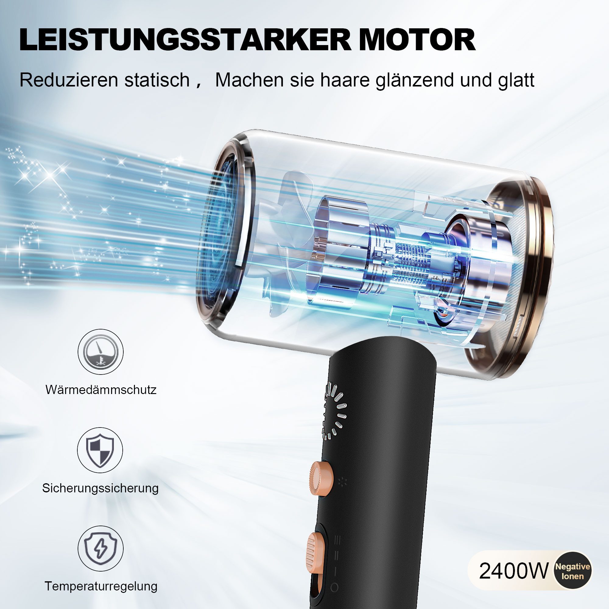 Fyrove Haartrockner Haartrockner 2026 Föhn Ionen 2400W,Anti-Spliss mit Kaltluft Modus, 2400 W, (25m/S, 3 Stylingaufsätze, angereichert mit Keratin und, Mandelöl, Ionenpflege - Anti Frizz, langlebiger AC-Motor)