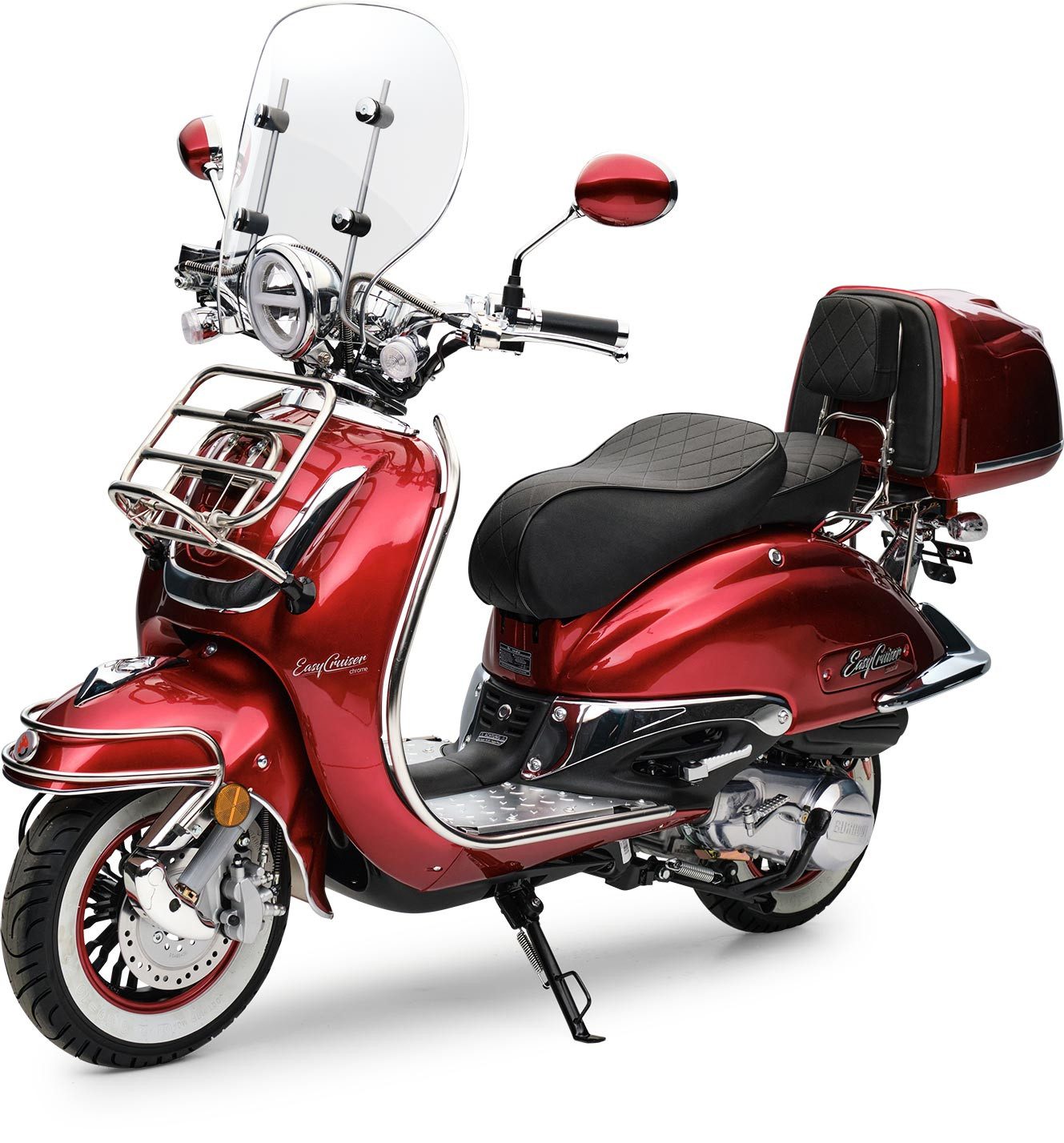 Burnout Motorroller EasyCruiser Chrom Dunkelrot, 50 ccm, 45 km/h, Euro 5, LED Beleuchtung, Digitales Tacho, Retro, mit Windschild & Topcase, USB