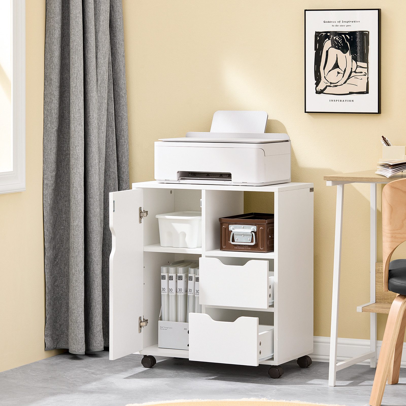 SoBuy Druckertisch FBT105, Schreibtisch Unterschrank, mit 2 Schubladen, Aktenschrank Rollcontainer Beistellwagen, auf Rollen