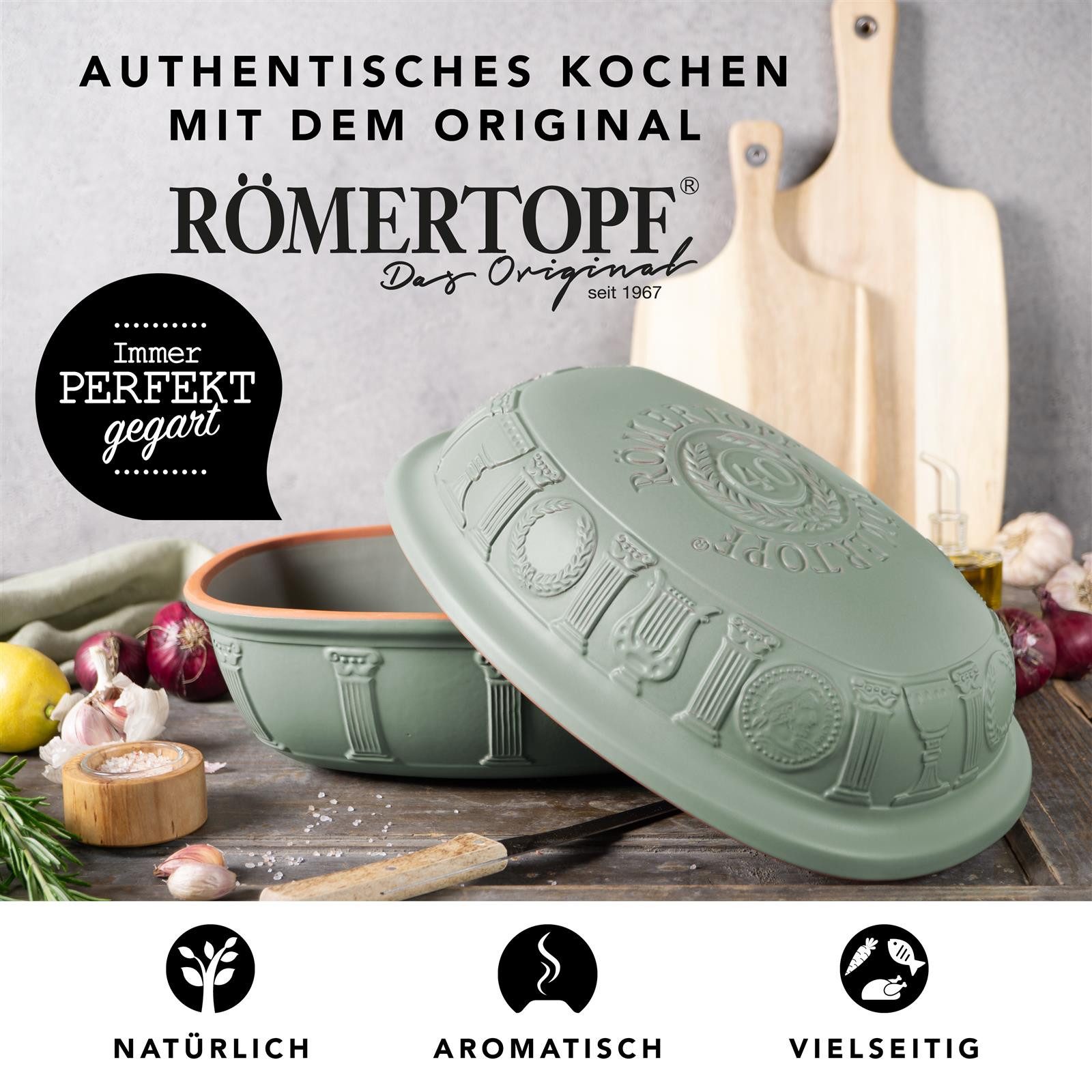 RÖMERTOPF Bräter 40 Jahre JUBILÄUM Bräter, 3,5 Liter, Keramik (Set, Grün), antihaft