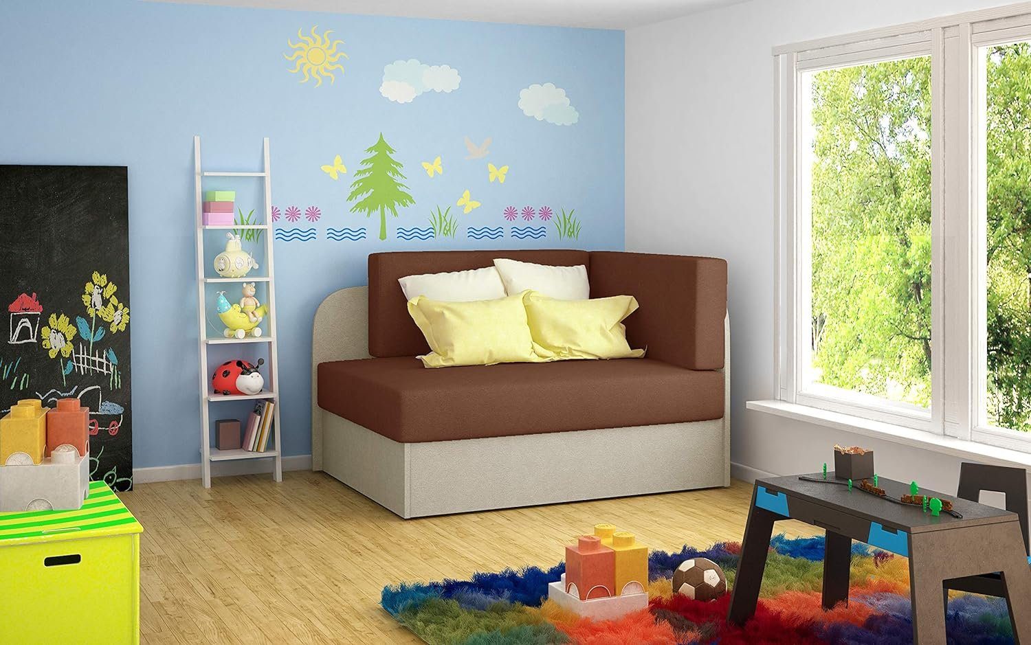 MOEBLO Schlafsofa RAISA, Schlafsessel Bettkasten + und für mit Kinderzimmer 07) Kindersofa Jugendsofa, Schlaffunktion Beige Couch 12 (Alova Braun + Alova