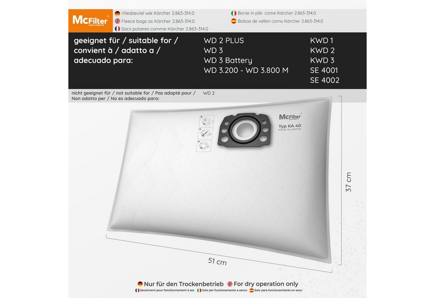 Thumbnail - McFilter Staubsaugerbeutel 10 Stück Maxibox, passend für Kärcher KFI 357, WD 2 Plus, WD 3 Serie, KWD 1-3, SE 4001, SE 40...