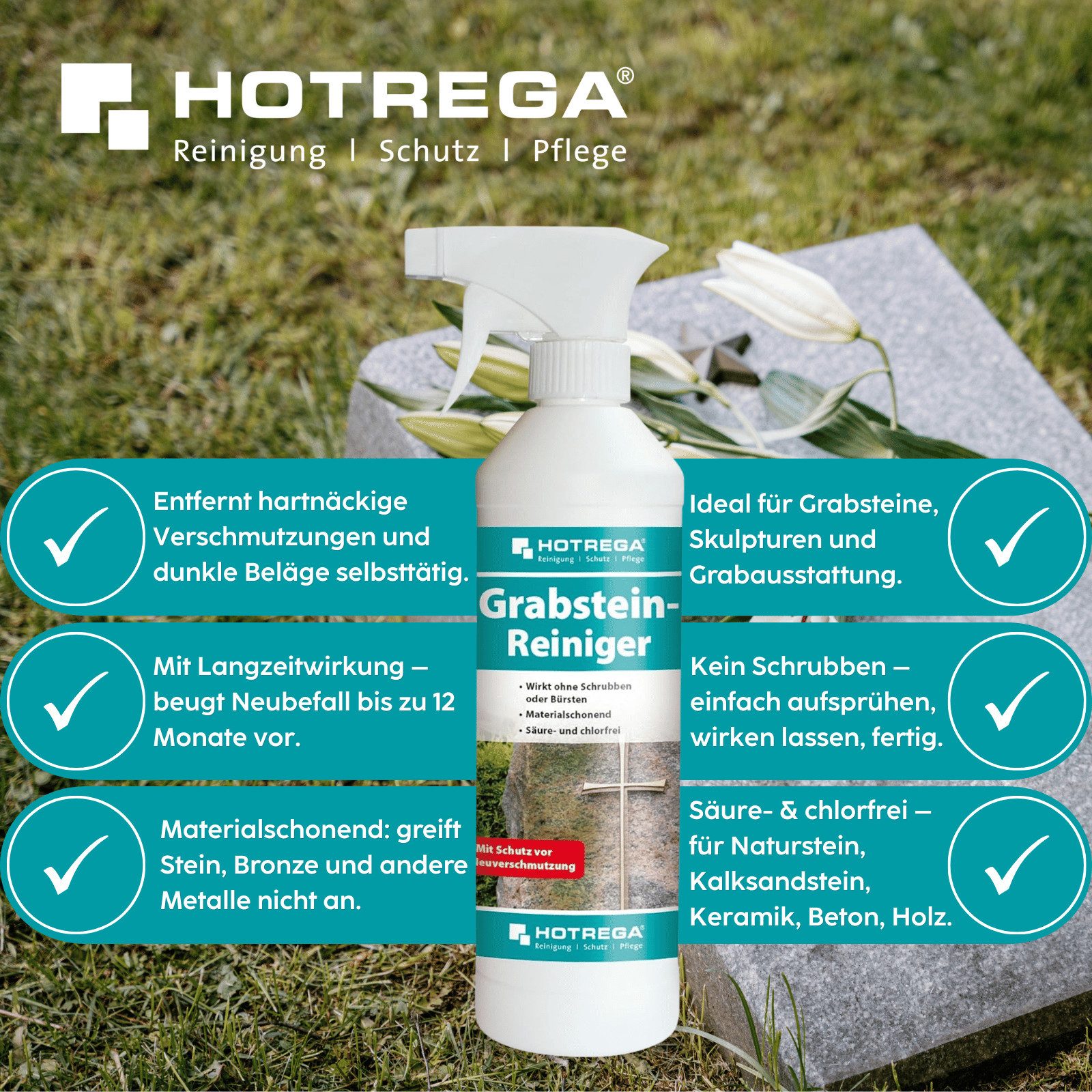 HOTREGA® Grabsteinreiniger Steinreiniger Grünbelagentferner Grabreiniger 500ml Grünbelagentferner