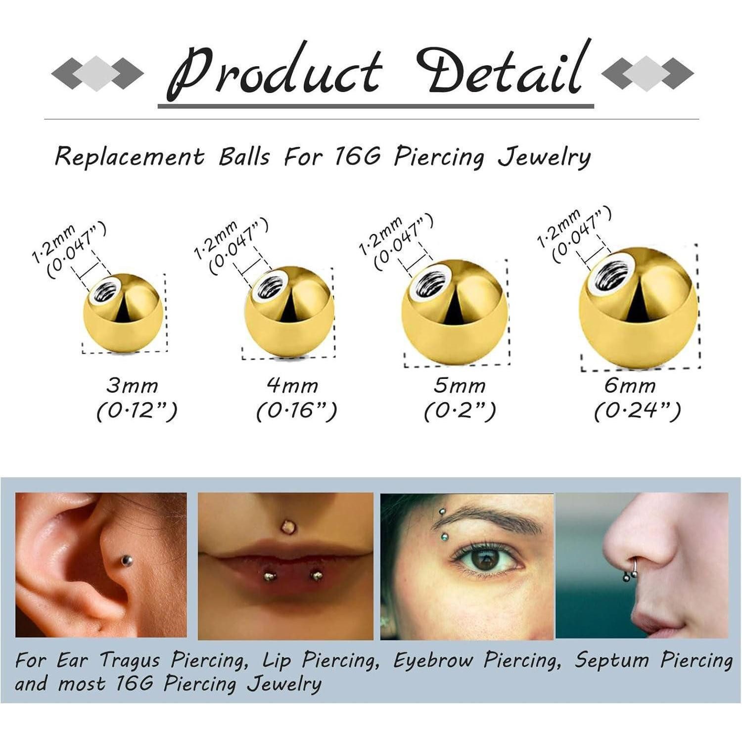 Gojewen Piercing-Set Piercing Kugeln Silber 3/4/5/6mm Schraubkugel 20stk für Nase Lippe