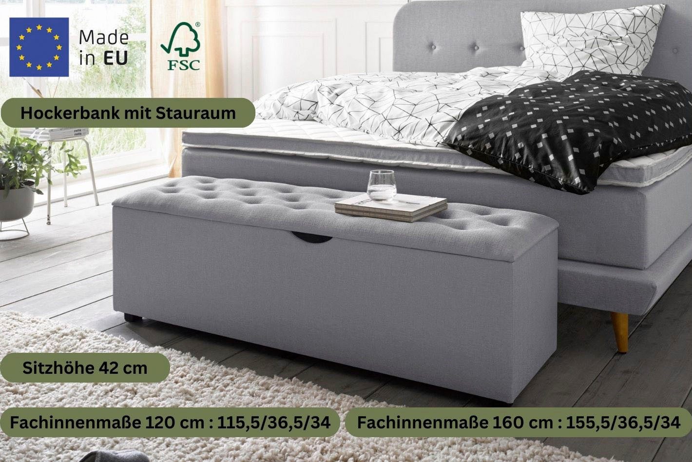 Home affaire Hockerbank Knobbed, Hockerbank mit Stauraum, Breite 120 cm und 160 cm