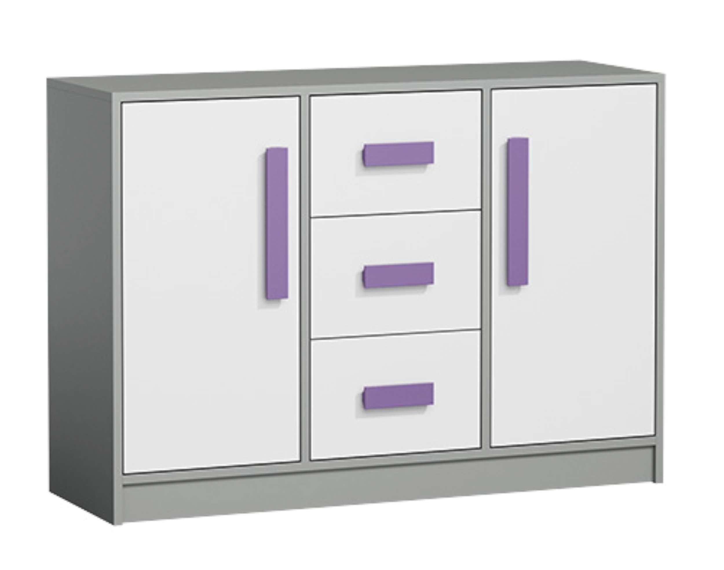 Stylefy Kinderkleiderschrank Gael II (Sideboard, Standschrank) mit Schubladen, Vollauszug, Modern Design, für Kinder Weiß - Grau - Violett