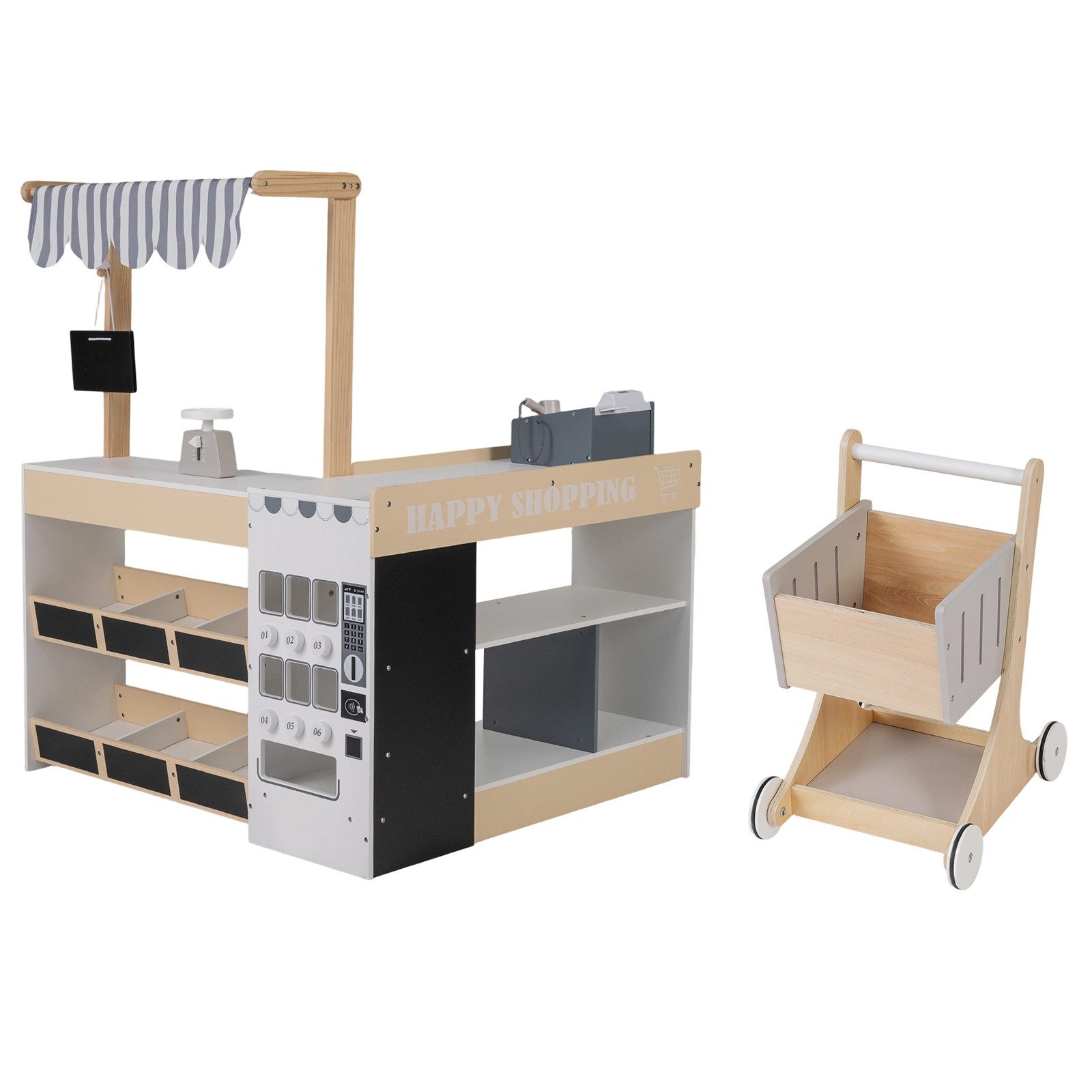 COSTWAY Kaufladen, Kaufmannsladen holz mit Einkaufswagen, Spielzeug, Kasse