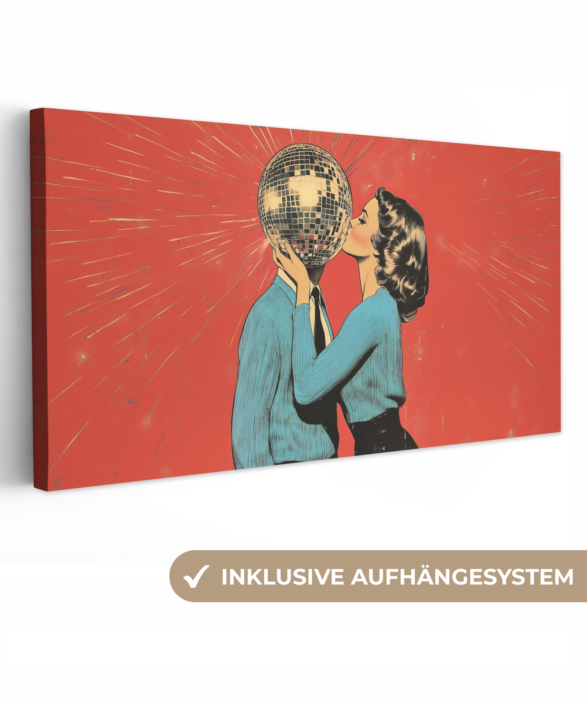 OneMillionCanvasses® Leinwandbild Panorama Frau - Retro - Discokugel - Kuss, Fotodruck (1 St), Wandbild, Deko Schlafzimmer Wohnzimmer Flur 40x20 cm