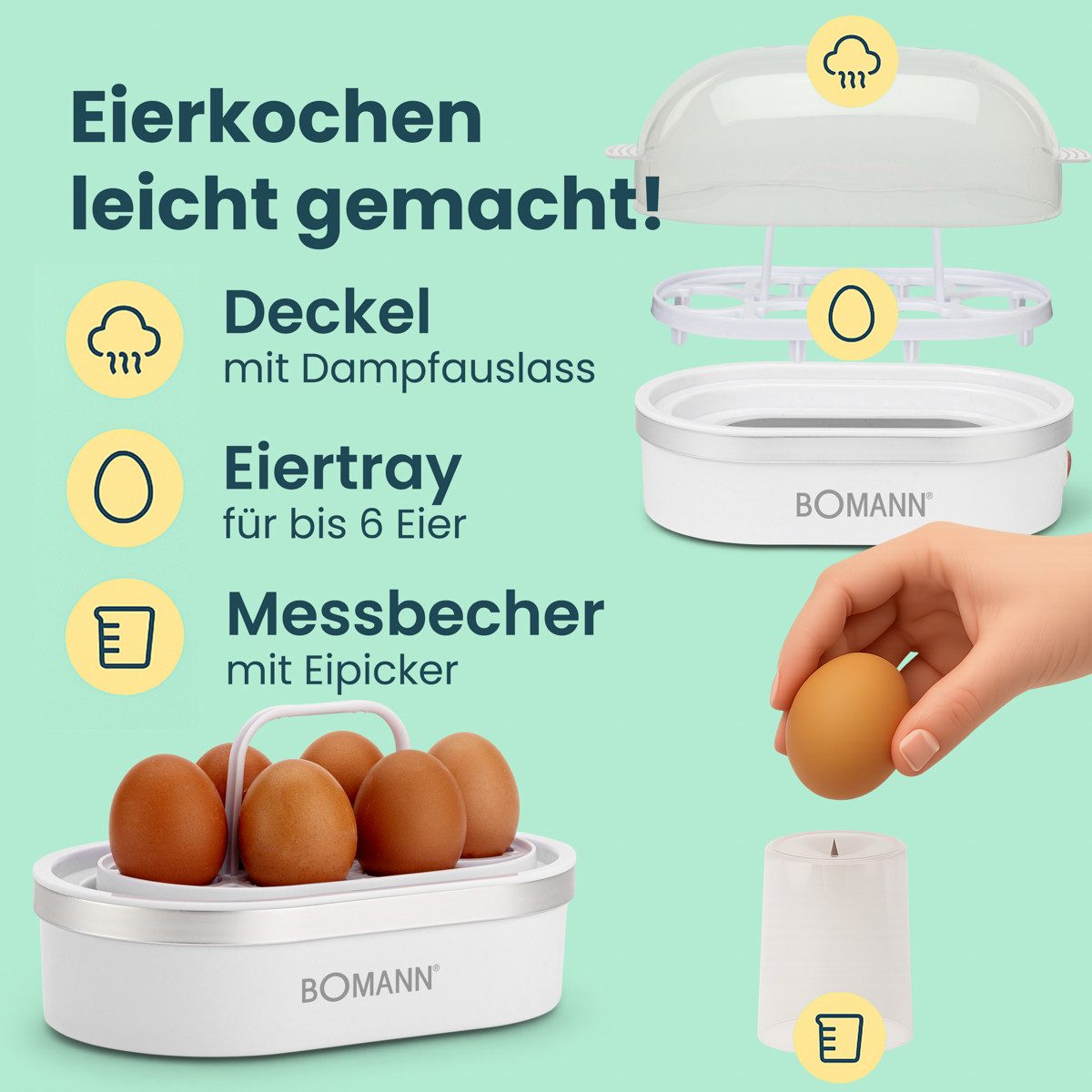 BOMANN Eierkocher EK 5022 CB, Eierkocher 6 Eier, inkl. Messbecher und Eipicker