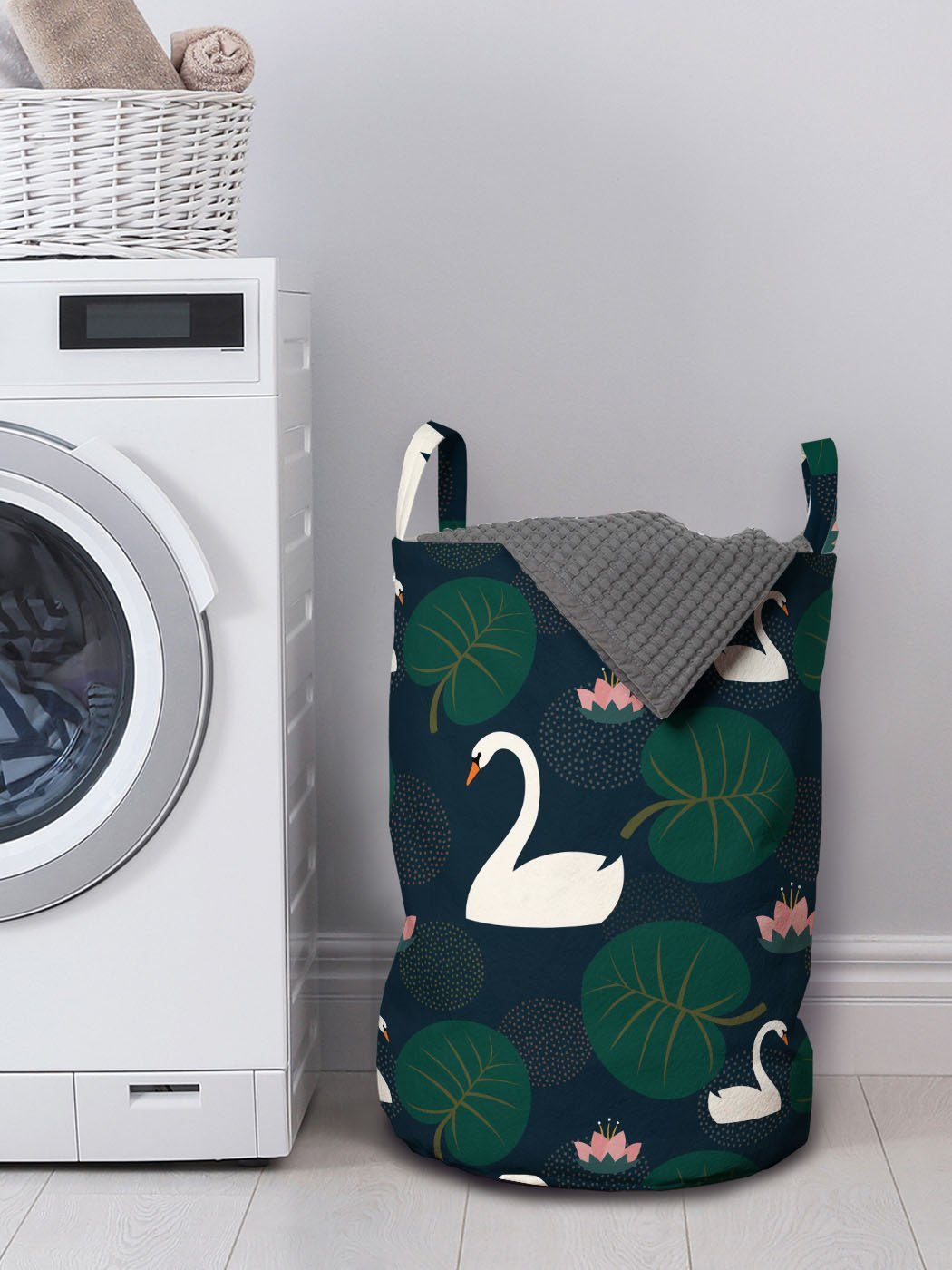 Abakuhaus Wäschesäckchen Wäschekorb mit Griffen Blätter Waschsalons, für und Kordelzugverschluss Swans Vogel-Wasser-Lilien
