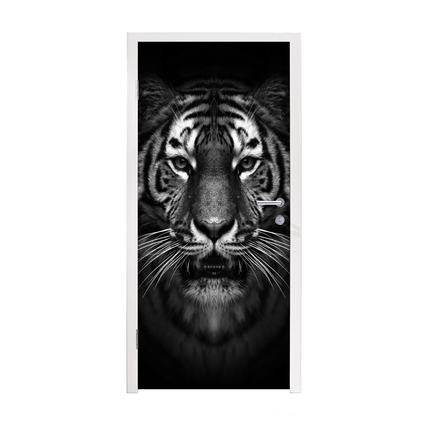 MuchoWow Türtapete Tiger - Tiere - Schwarz - Weiß - Porträt - Wild, Matt, bedruckt, (1 St), Fototapete für Tür, Türaufkleber, 75x205 cm