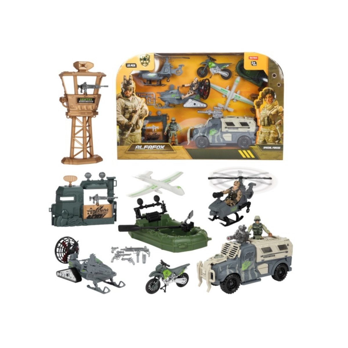 Toi-Toys Spielzeug-Auto ALFAFOX Spielset XL Militär mit 6 Fahrzeugen Zubehör, 6 verschiedene Militärfahrzeuge