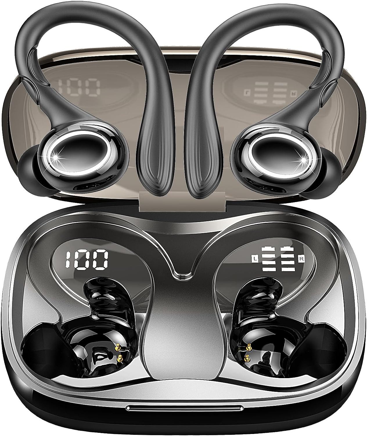 Rulefiss Kabellos Bluetooth 5.3 HiFi Stereo[2023]13 mm Treiber USB-C  LEDLadebox In-Ear-Kopfhörer (Tragbare Ladetasche mit 800mAh Kapazität für  unterwegs stundenlanges Musikhören., mit HD Mic, 48Std Ohrhörer mit Bügel,  IP7 Wasserdicht/800mAh)