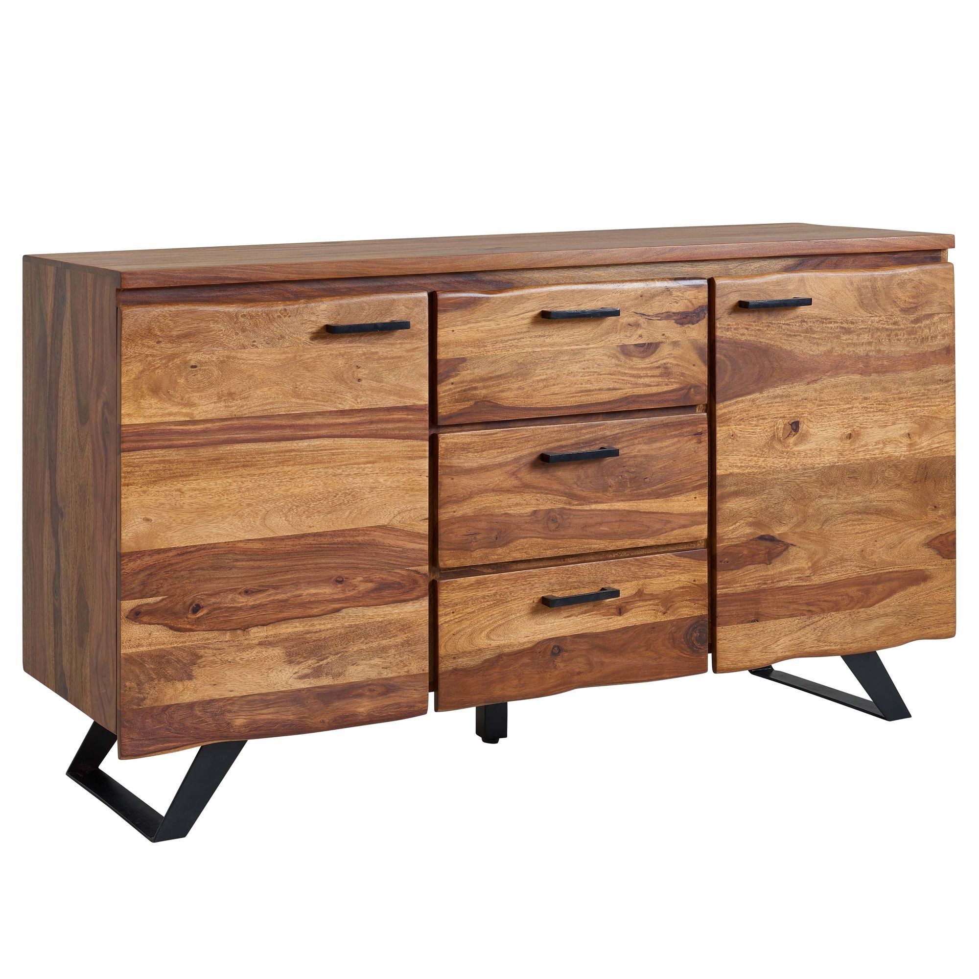 furnicato Sideboard Massivholz, Walnuss Finish 145x82x45 cm Braun (1 St), Anrichte mit Baumkanten und viel Stauraum für dein Wohnzimmer