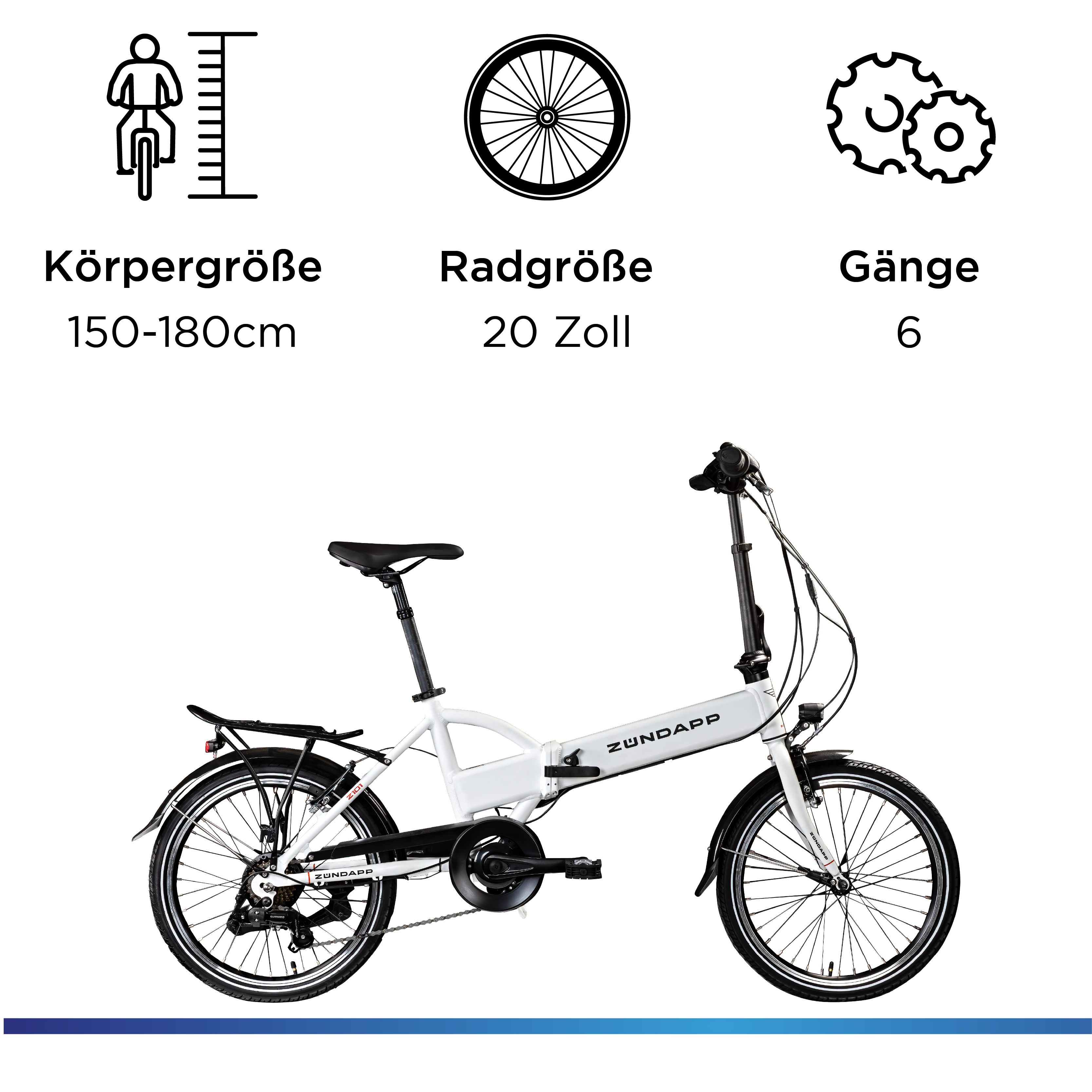 Zündapp E-Bike Klapprad Z101, 6 Gang Shimano Tourney Schaltwerk, Kettenschaltung, Heckmotor, 270 Wh, Pedelec, Elektrofahrrad für Damen u. Herren