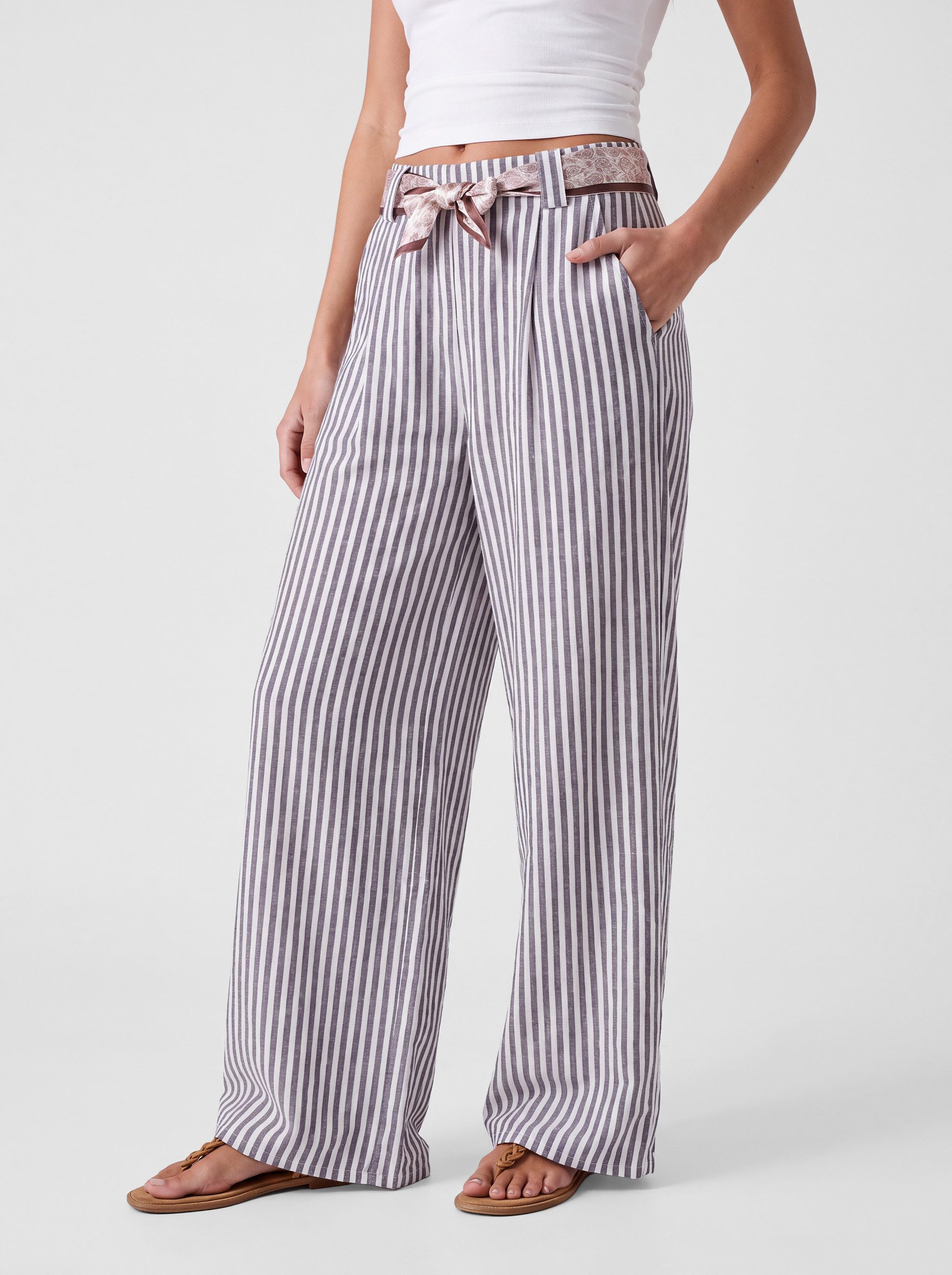 PEKIVESSA Schlupfhose Leichte Wide Leg Sommerhose gestreift mit weitem Bein und Stoffgürtel