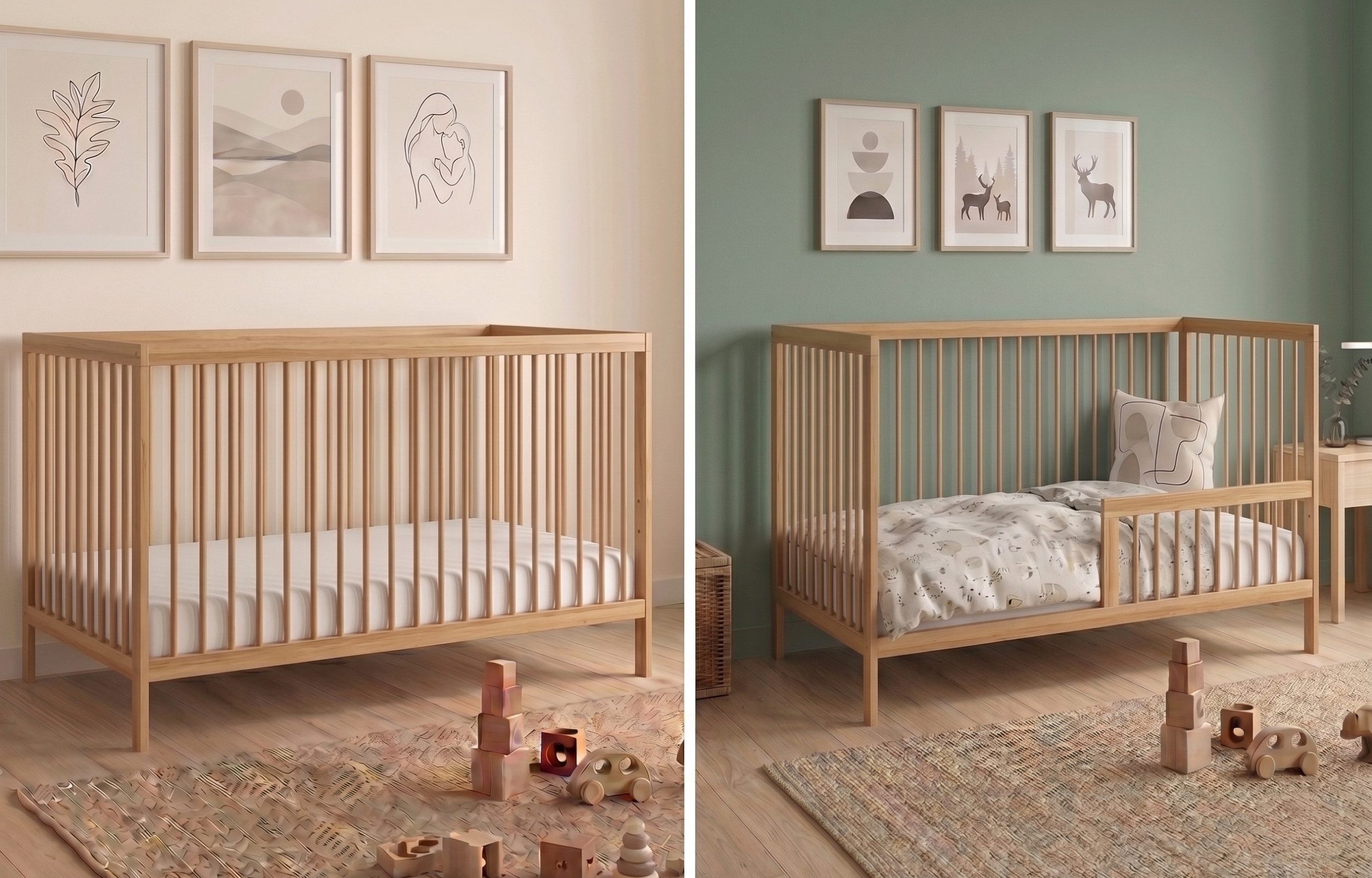 Kids Collective Babybett Kinderbett Gitterbett Baby Bett mit Rausfallschutz 60x120 70x140, stabiles Buchenholz, made in Europe 60x120 cm Natur