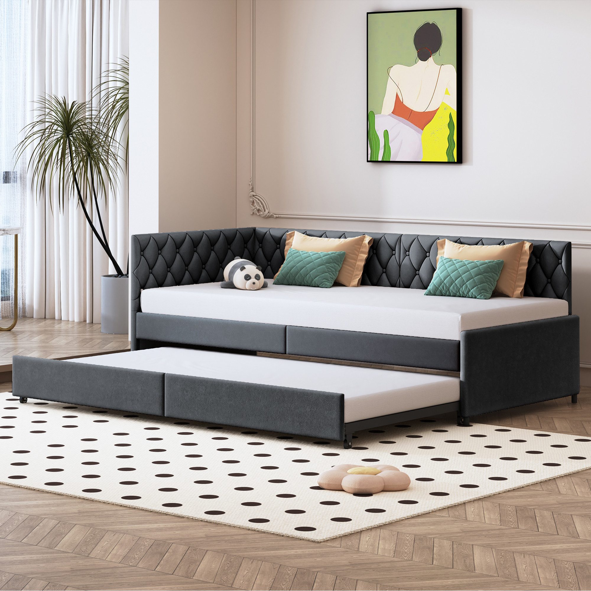 Simurq Daybett Schlafsofa 90/180x200cm, Ausziehbett, Mit Unterbett, Tagesbett, Mit Lattenrost, Samt, Gästebett, Platzsparend