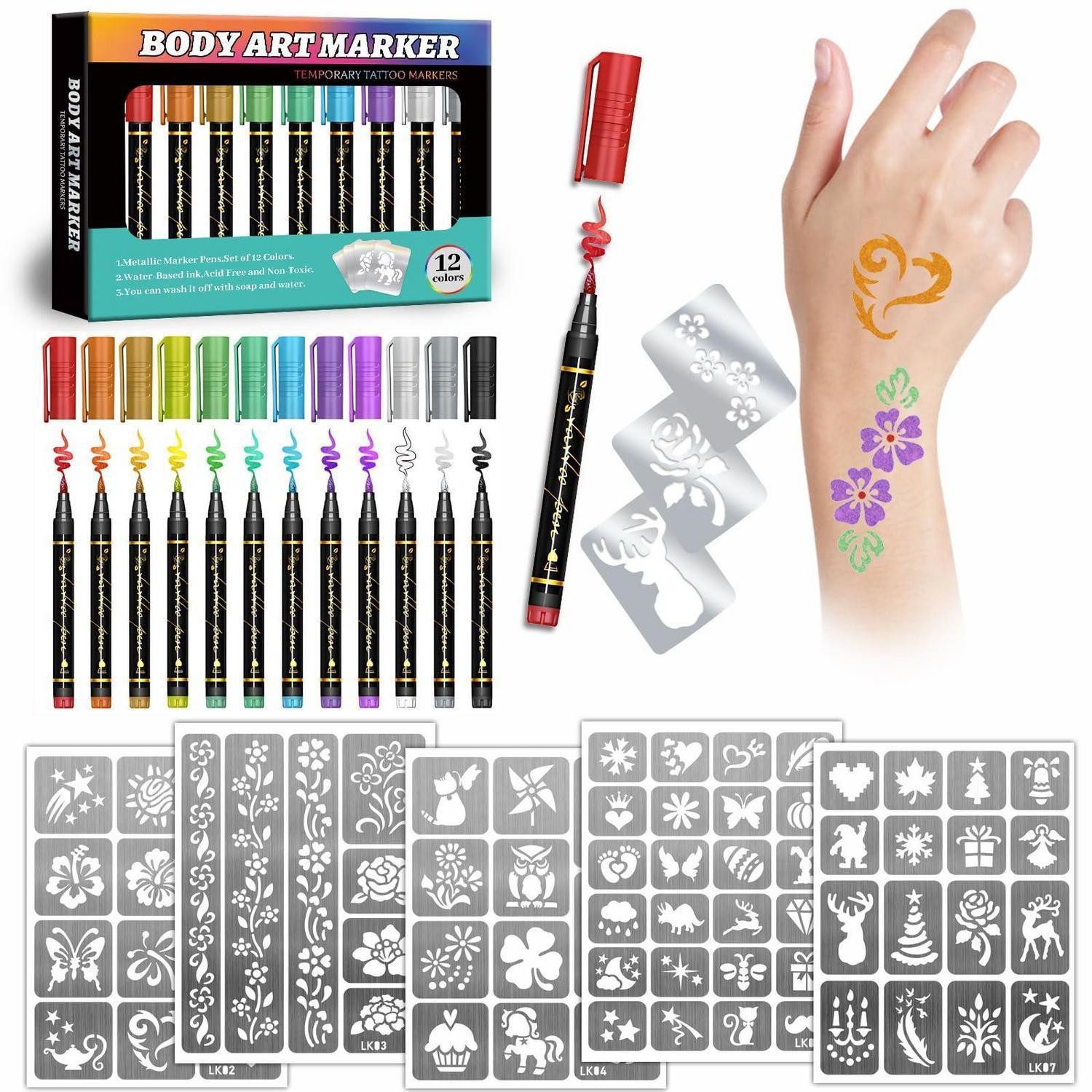 LuxusKollektion Kindertattoo Temporary Tattoo Stifte Metallic 12 Farben Schablonen, 12-tlg.