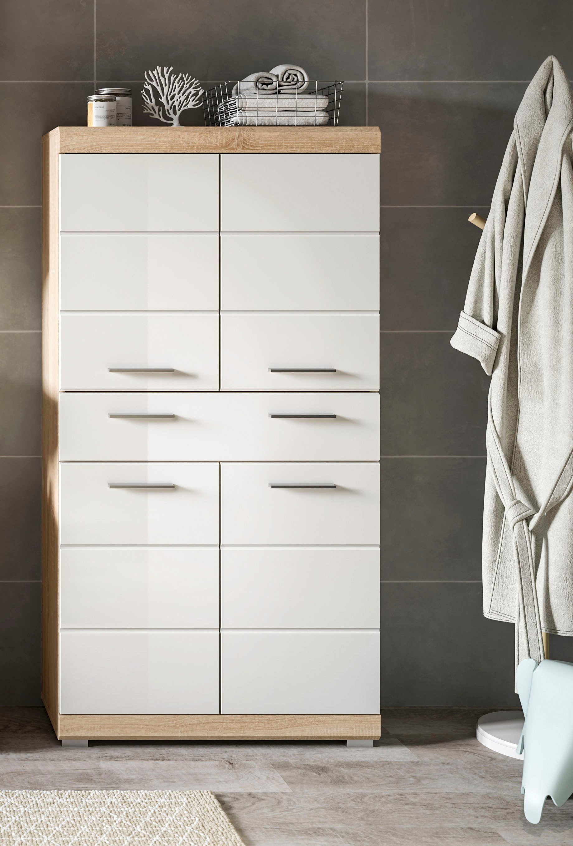 welltime Midischrank SIENA, Breite 74cm, 4 Türen, 1 Schubkasten, 4 Fächer, MDF-Front (TOPSELLER) in verschiedenen Farben erhältlich, Badmöbel, Badschrank, Schrank, Bad