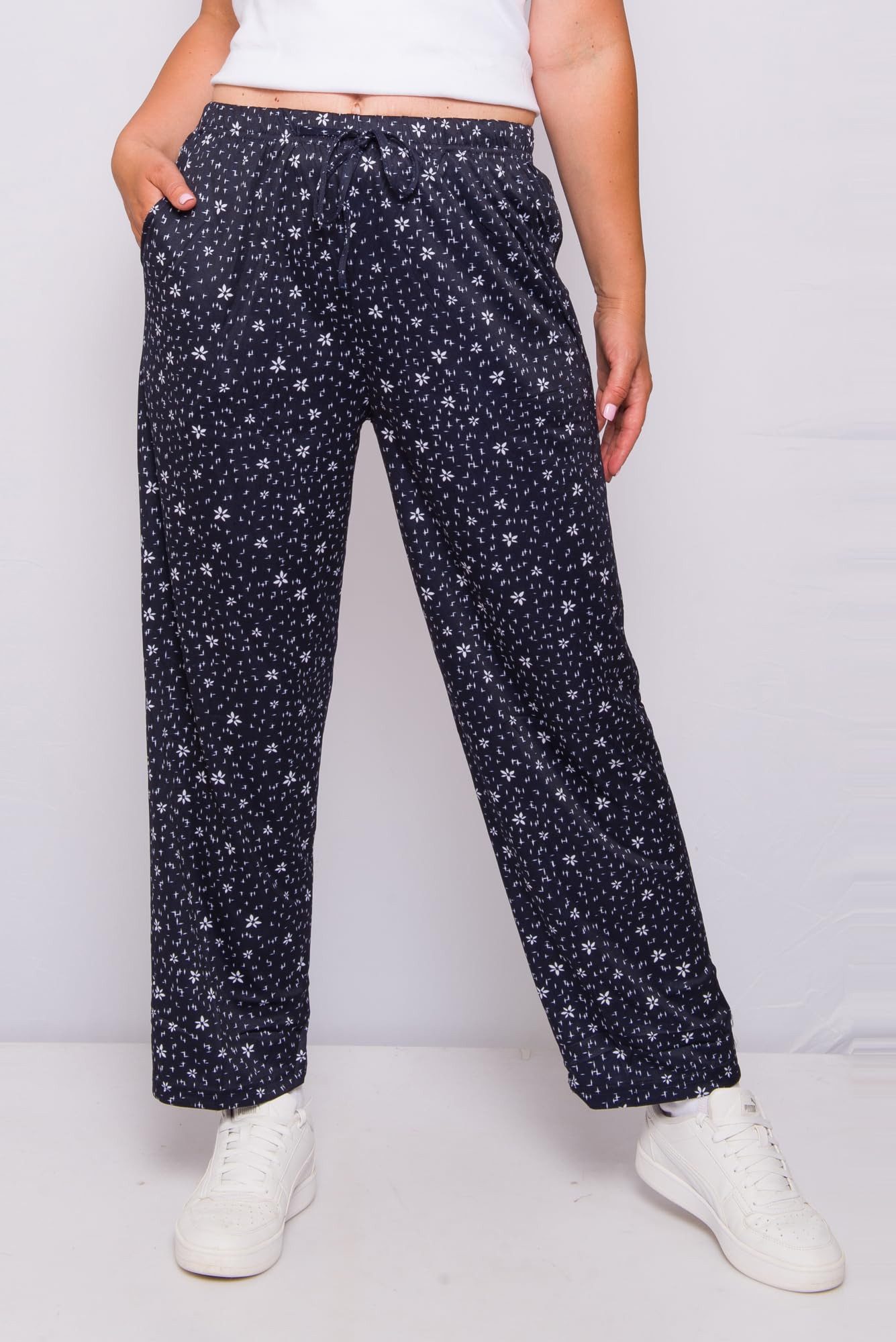 Kendindza Collection Strandhose Damen Sommerhose leicht lang Gemustert elastischer Bund Kordelzug Gummizug