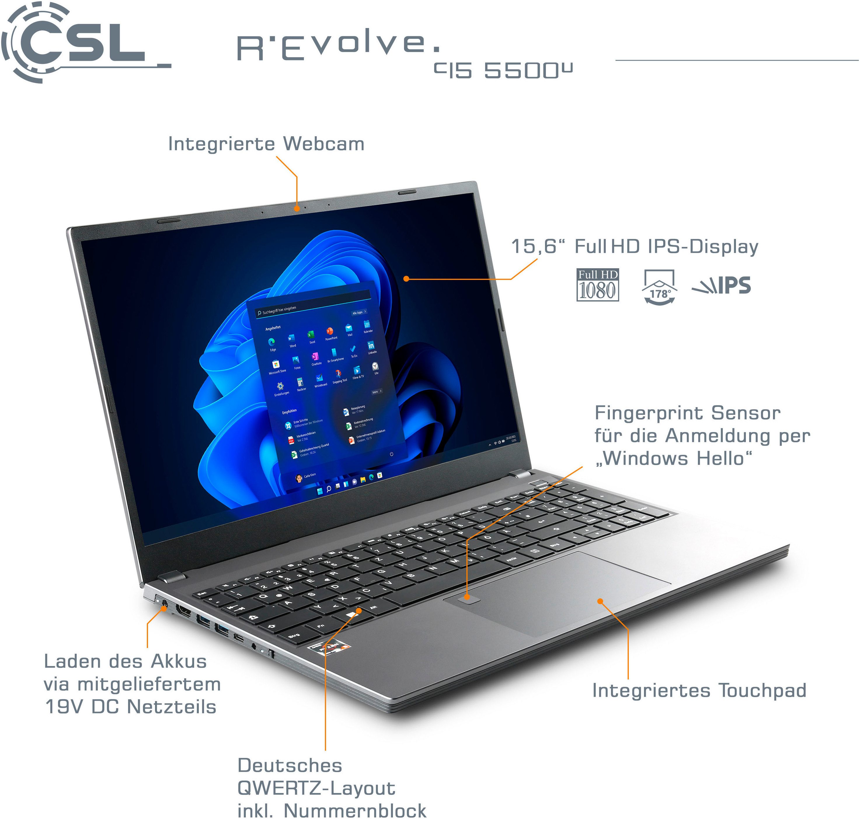 CSL R'Evolve C15 5500U / 32GB / 1000GB / Windows 11 Home Notebook (39,6 cm/15,6 Zoll, AMD Ryzen 5 5500U, Radeon Graphics, 32 GB, 1000 GB SSD)