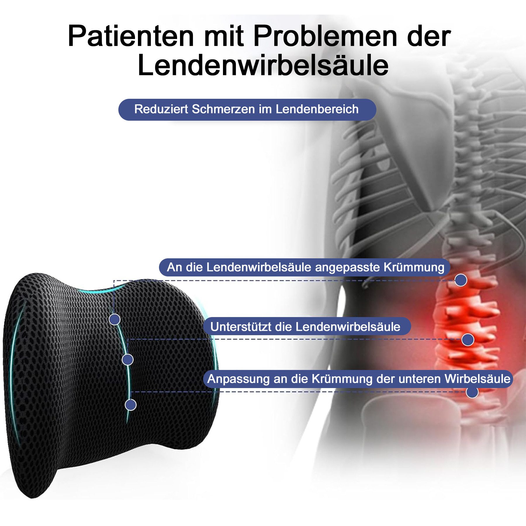 Mutig Rückenkissen Lumbalkissen Rückenkissen, Ergonomisches Lendenkissen aus Memory Foam, Rückenpolster für Back Support, Lendenstützkissen für Autositze, Lumbalkissen für Bürostuhl und Autositz, Rückenstützkissen, für unteren Rücken,verstellbares Rückenkissen zum Ausruhen,Schlafen