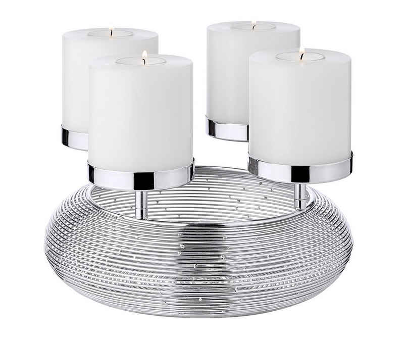 EDZARD Adventskranz Verona, (26 cm) Kerzenhalter für Stumpenkerzen, Adventsleuchter als Weihnachtsdeko für 4 Kerzen á Ø 8 cm, Kerzenkranz als Tischdeko aus Edelstahl mit Silber-Optik