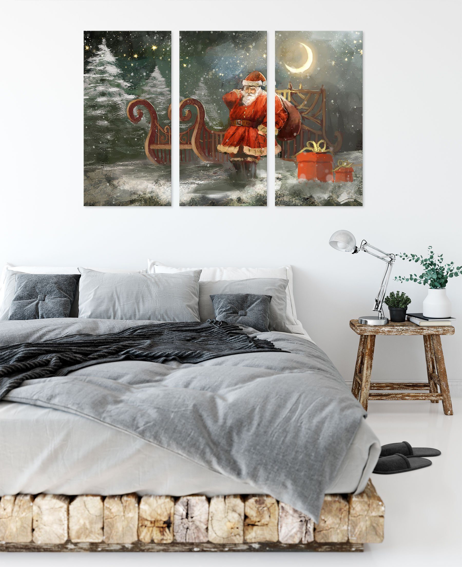 Weihnachtsmann Leinwandbild fertig Leinwandbild Geschenken bespannt, Zackenaufhänger inkl. 3Teiler mit Weihnachtsmann St), Geschenken, (1 Pixxprint mit (120x80cm)