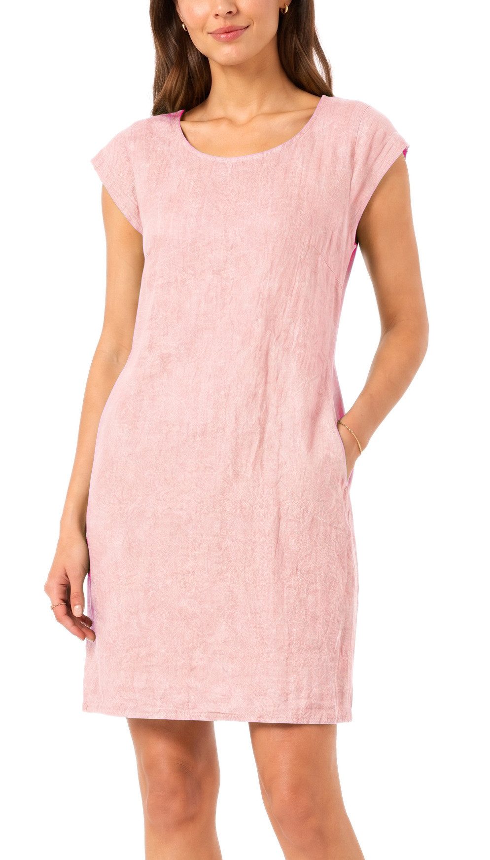dy_mode Midikleid Einfarbiges Damen Leinenkleid Sommerkleid Kurzarm Midi Kleid in Unifarbe, mit Eingriffstaschen, leicht taillierte Passform