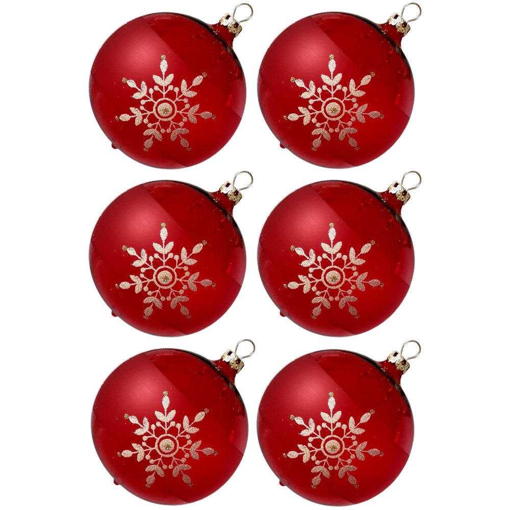 Thüringer Glasdesign Weihnachtsbaumkugel Weihnachtskugeln-Set Kristallblüten rot, transparent (6 St), mundgeblasen, handdekoriert