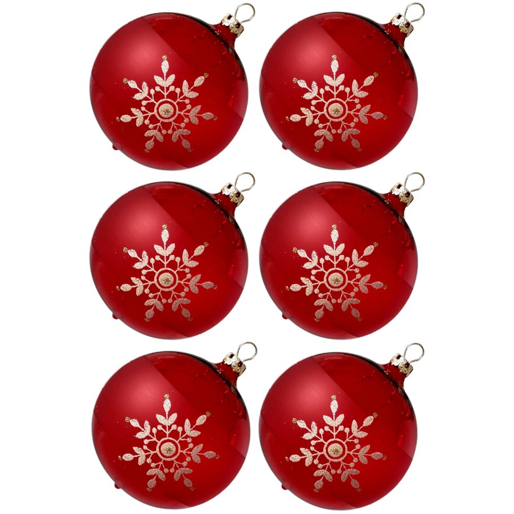 Thüringer Glasdesign Weihnachtsbaumkugel Weihnachtskugeln-Set Kristallblüten rot, transparent (6 St), mundgeblasen, handdekoriert