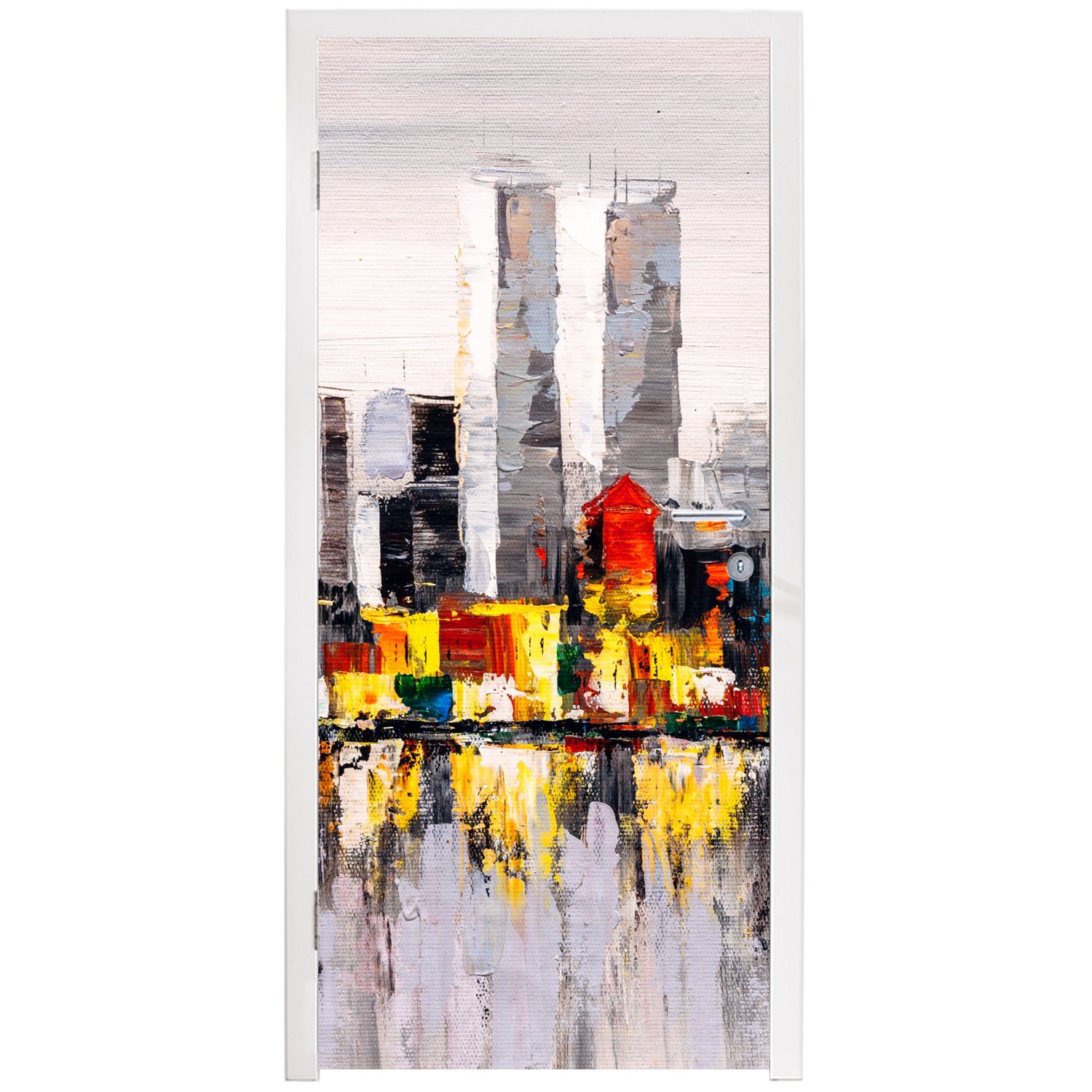 Skyline cm Türtapete Gemälde - Türaufkleber, - Ölfarbe, Tür, MuchoWow Farben für 75x205 bedruckt, St), (1 Matt, - Fototapete