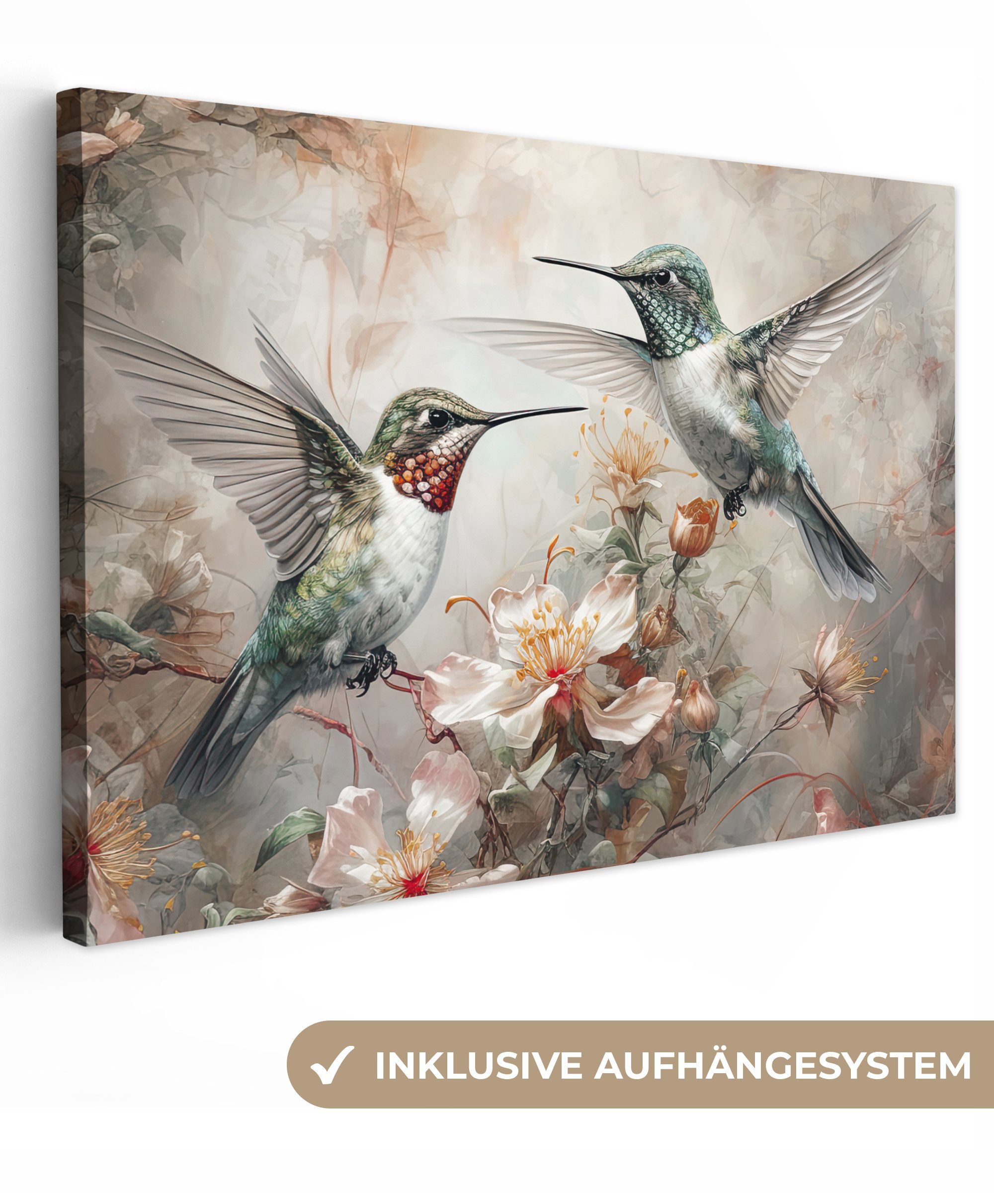 OneMillionCanvasses® Leinwandbild Kolibri - Vögel - Blumen - Pflanzen, (1 St), Leinwand Bilder Klein, Wand Dekoration 30x20 cm