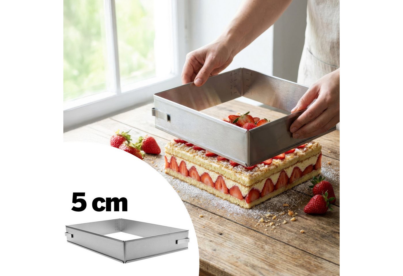 Lindenstein Backrahmen Backrahmen rechteckig verstellbar aus Edelstahl, 5 cm hoch, Edelstahl, (Packung, 1), Hochwertiger Edelstahl, größenverstellbar, leicht zu reinigen, stabil