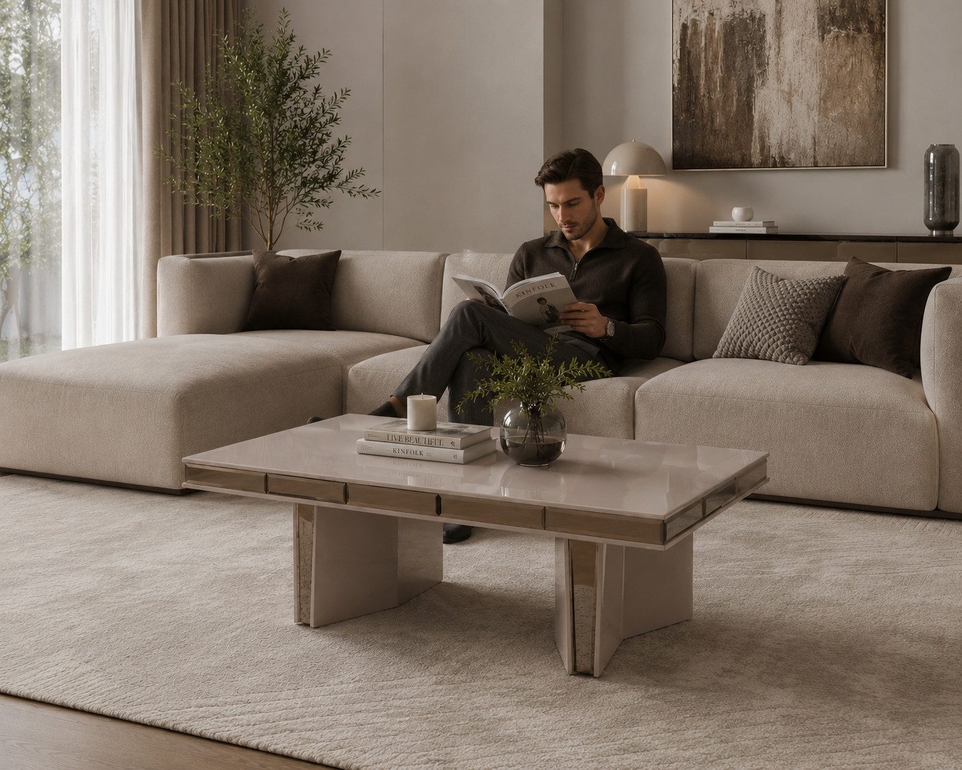 JVmoebel Couchtisch Designer Rechteckig Beige Hochglanz 120x80 cm Wohnzimmer Sofort (Einzelstück, 1-St., 1 Couchtisch), Couchtisch mit Hochglanz-Oberfläche und dekorativen Metall-Elementen