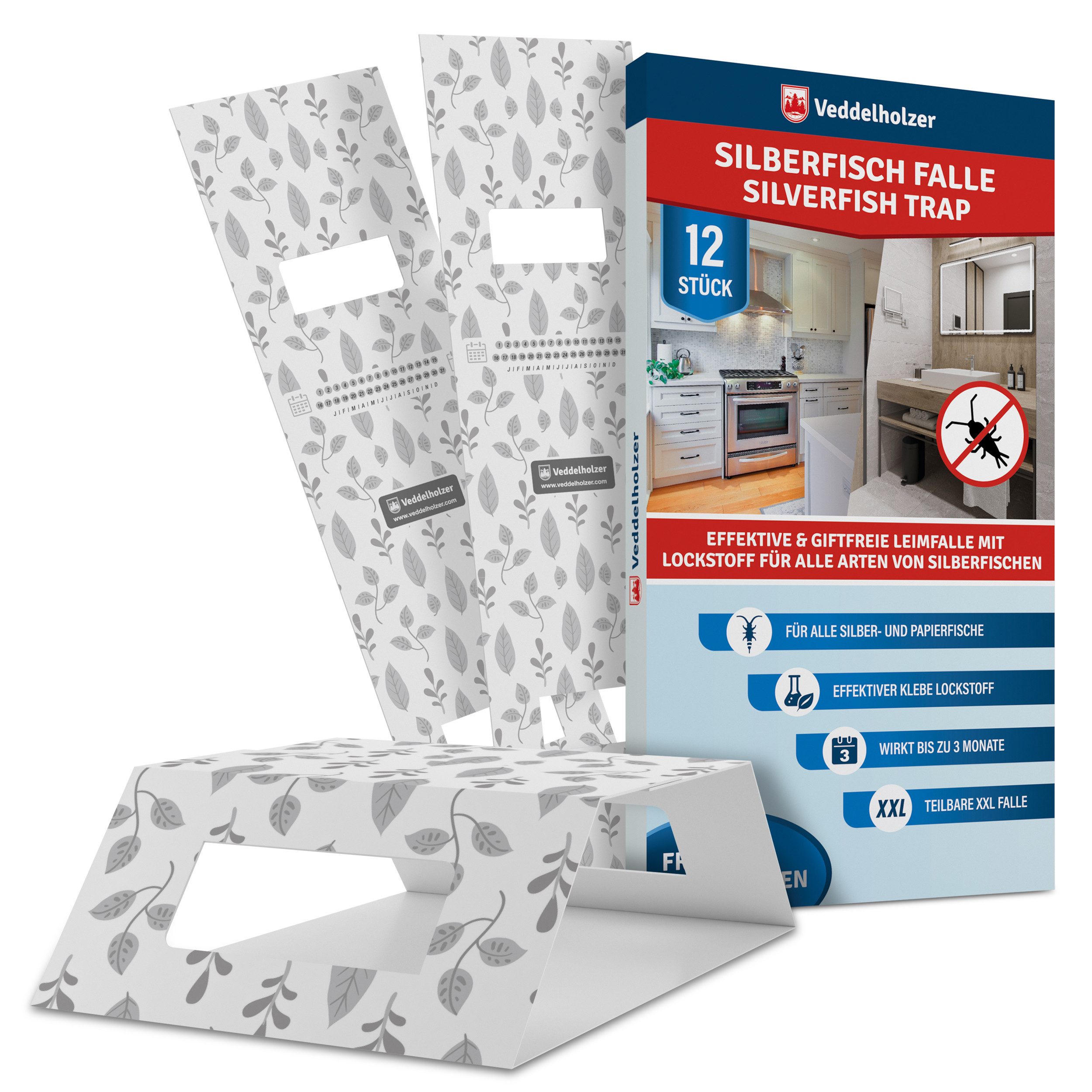 Veddelholzer Klebefalle XXL teilbare Silberfischfalle mit Köder Lockstoff 12 Stück Klebefallen, Silberfische & Papierfische bekämpfen Giftfrei