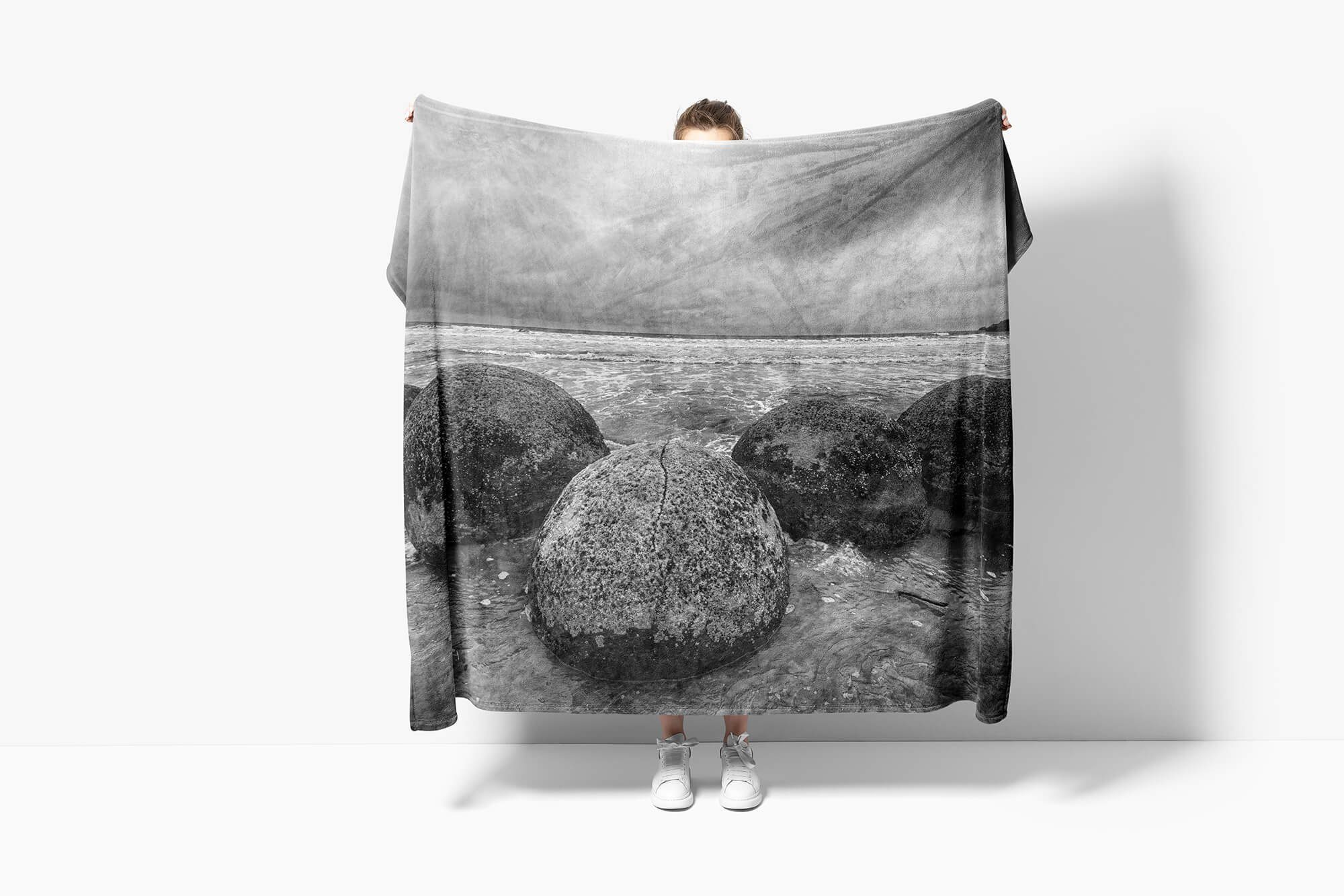 Sinus Art Handtücher Handtuch Strandhandtuch Baumwolle-Polyester-Mix Fotomotiv Kuscheldecke Handtuch mit Runde Meer, Saunatuch (1-St), Steine