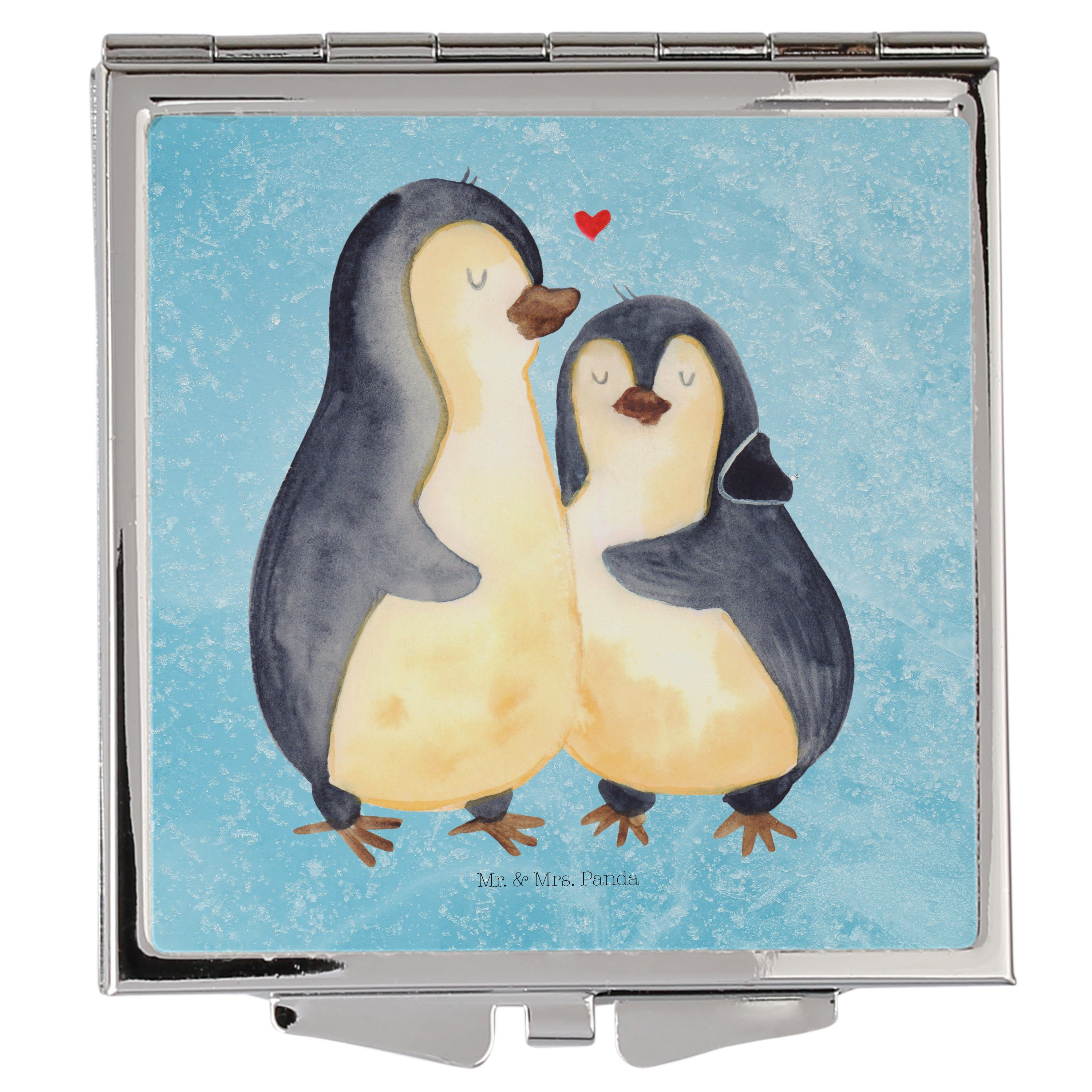 Mr. & Mrs. Panda Kosmetikspiegel Pinguin umarmen - Eisblau - Geschenk, Umarmung verliebt, Liebesgesche (1-St), Fröhlich & praktisch