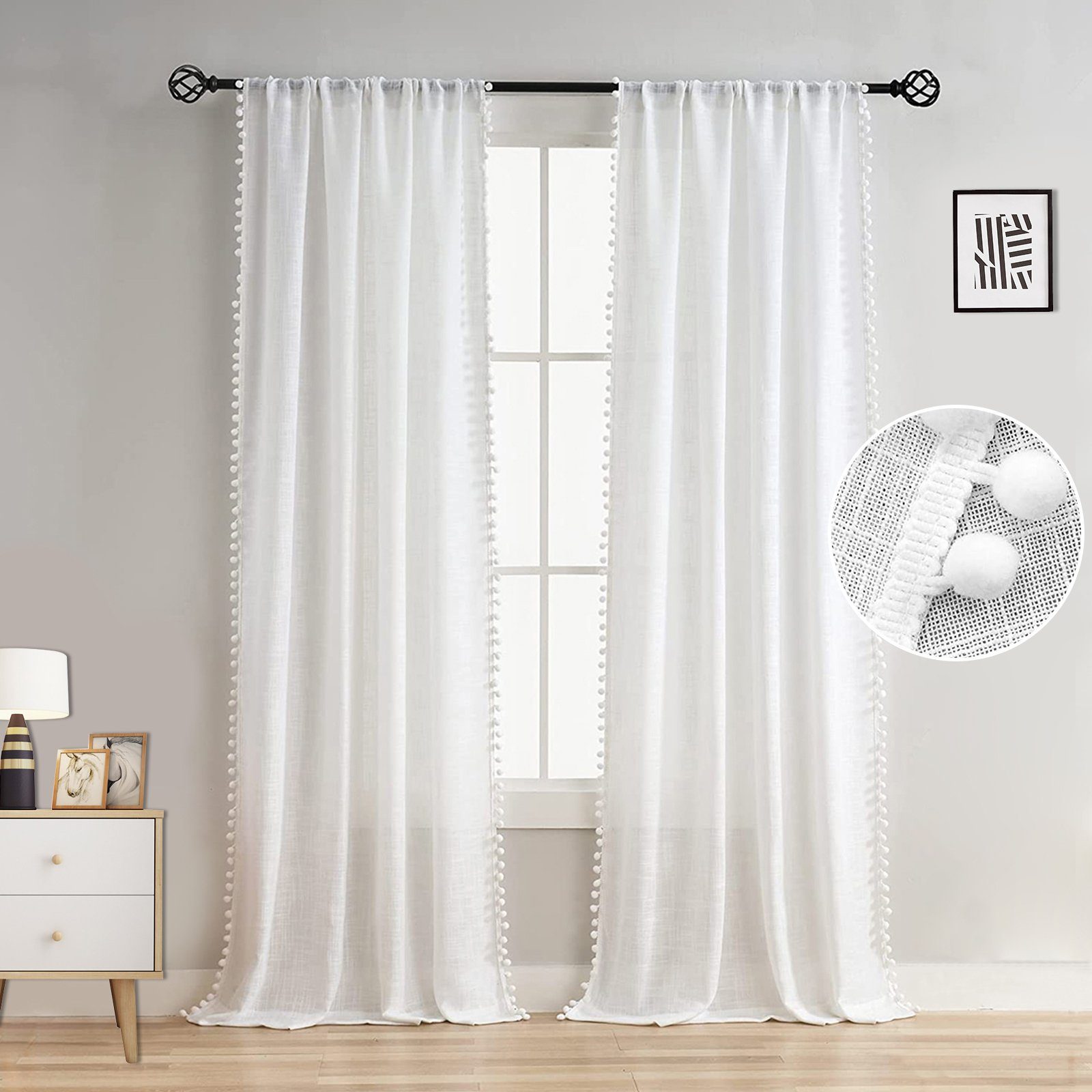 Scheibengardine Voile Gardinen mit Stangedurchzug,Bistrogardine, Jibenhome, (1 St), transparent, Boho Fenster Vorhänge, Pompom-Quasten, Schlafzimmer