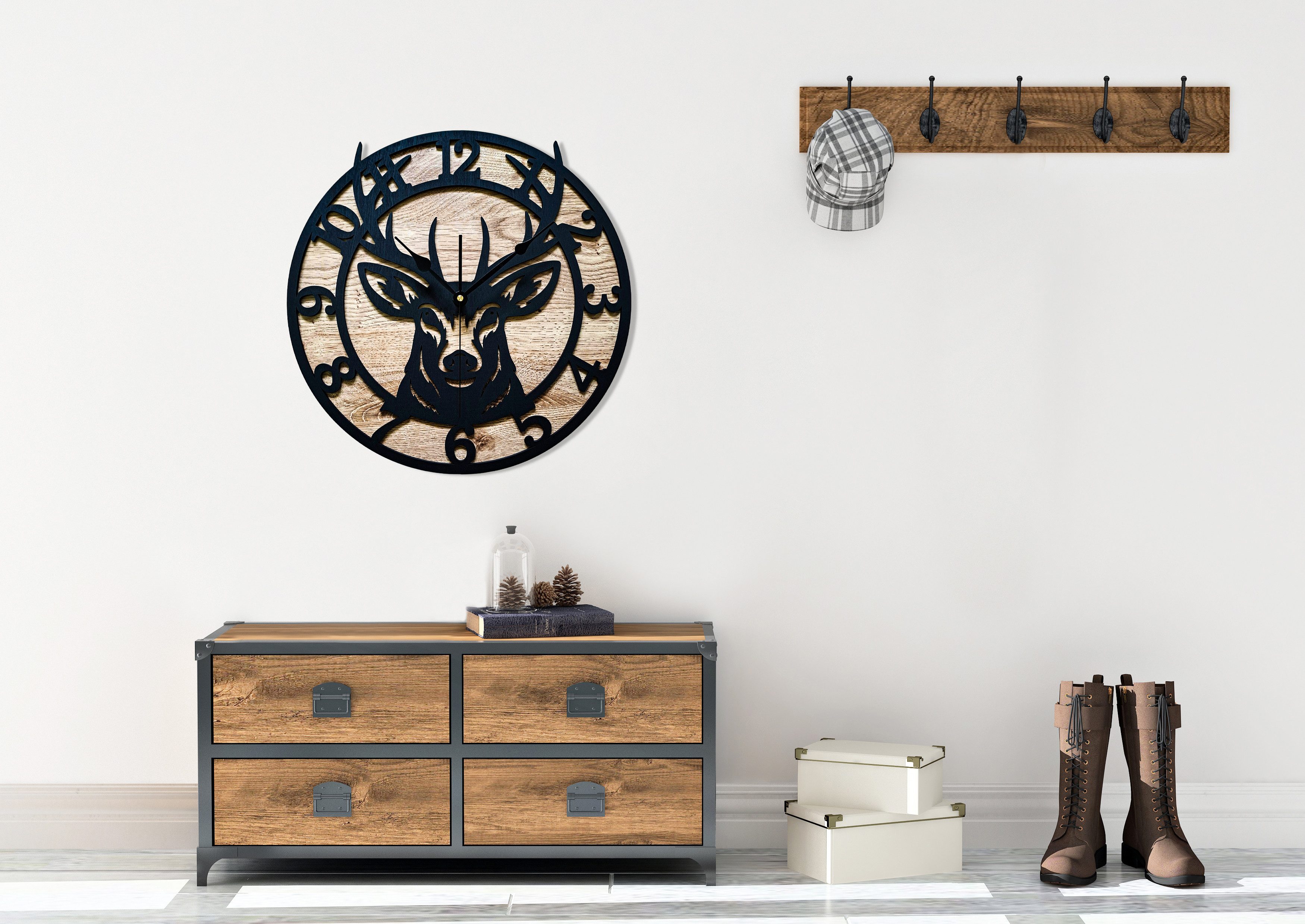 ORNAMENTI Wanduhr Wanduhr rustikal, skandinavisch, alpenländischer Stil, Hirsch, holz (hingucker Wanduhr, Handmade, ohne Ticken, Wanddeko, 3 Größen)